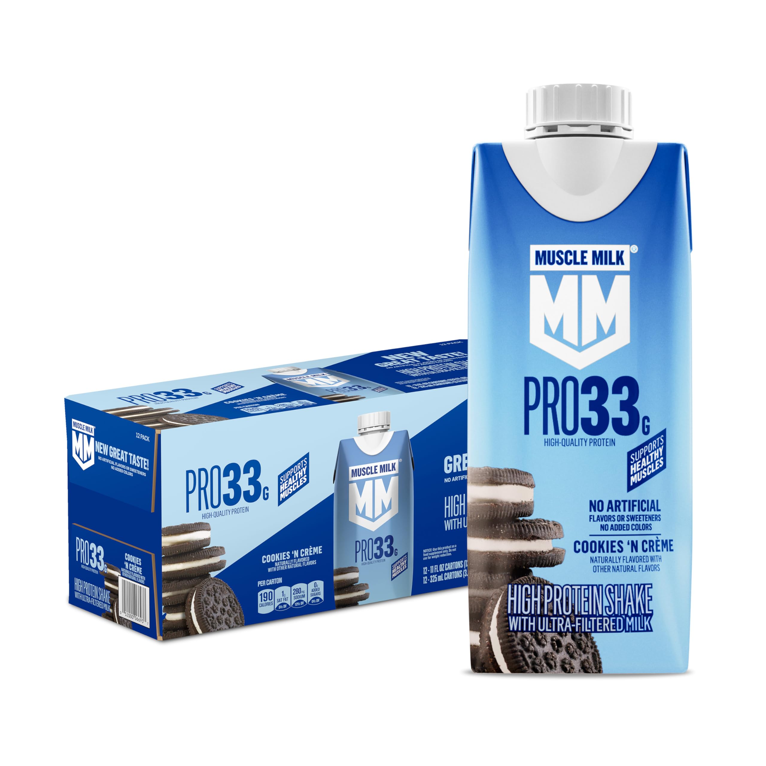 Muscle Milk Pro High Protein Shake, Strawberry, 11 fl oz Cartons, (12 Pack) Ultra Filtered Milk, 33g High Quality Protein Shake, 3g Sugar, 200 Calories, No Artificial Flavors or Artificial Sweeteners, No Added Colors
