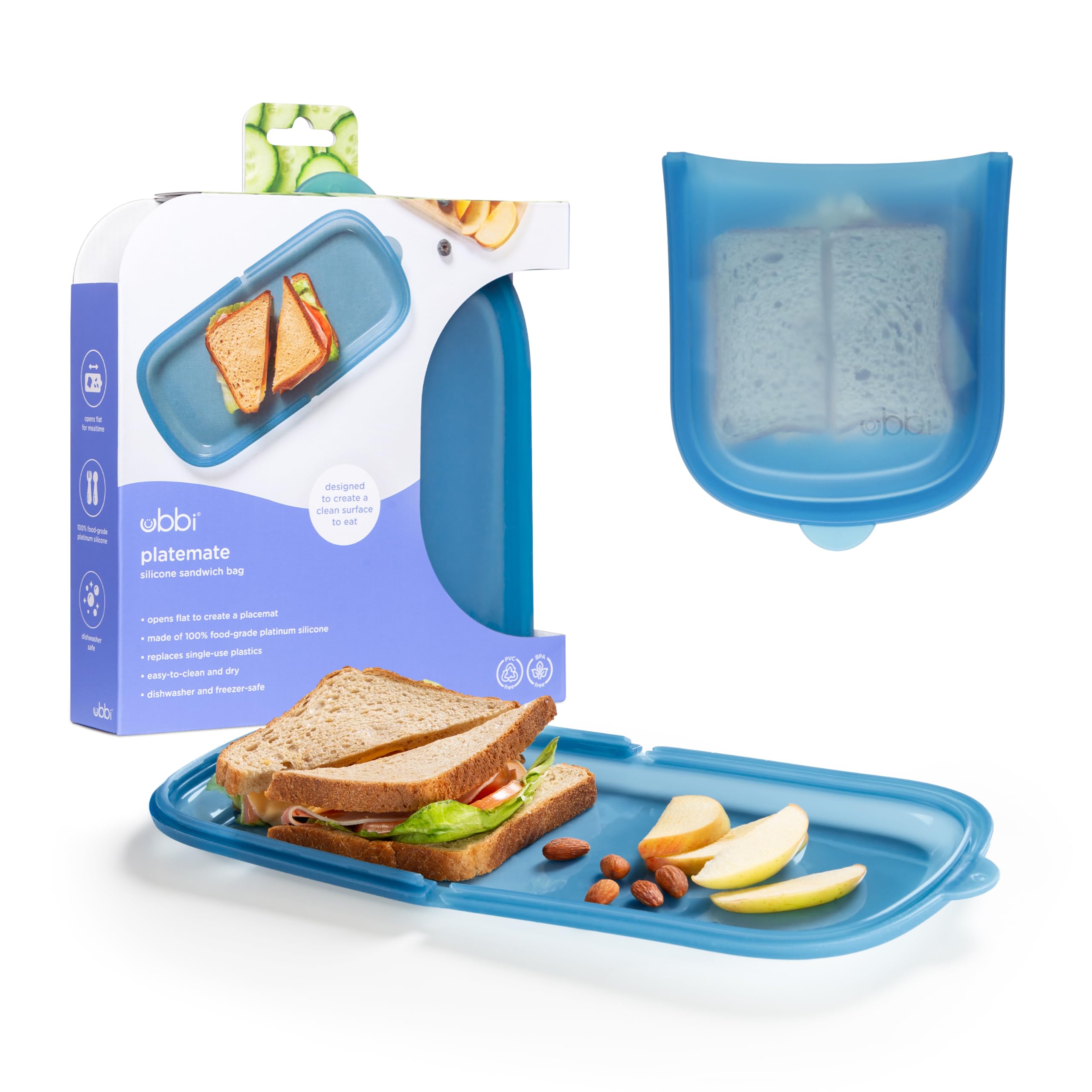 Ubbi Platemate Reusable Silicone Storage Bag, Smoothie Purple | Opens Flat as Placemat, Dishwasher & Freezer-Safe, Lunch Container, Leakproof Sandwich & Snack Bag, Easy to Clean, BPA-Free