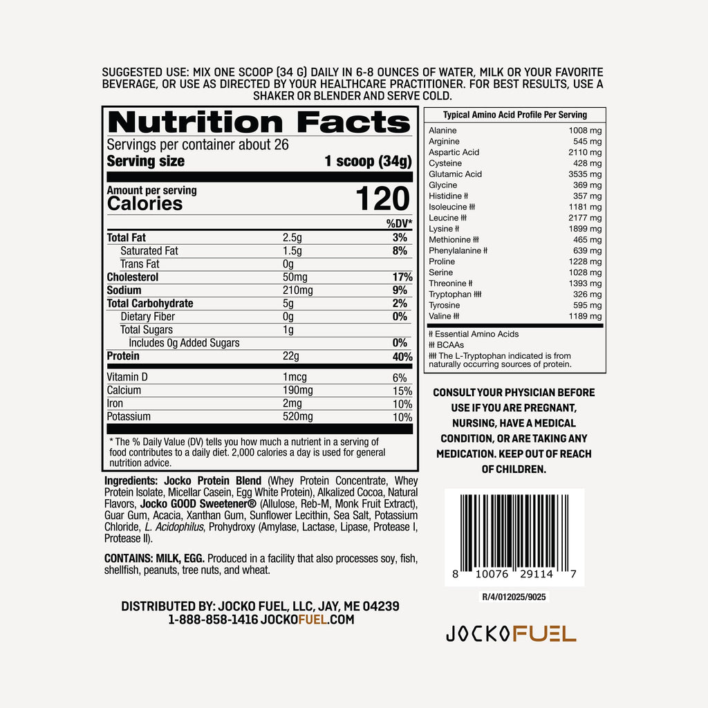 Jocko Fuel Whey Protein Powder, Chocolate Peanut Butter, 22g Protein, Digestive Enzymes + Probiotic Blend, No Sugar Added, with Essential Amino Acids + Electrolyte Minerals, 25 Servings