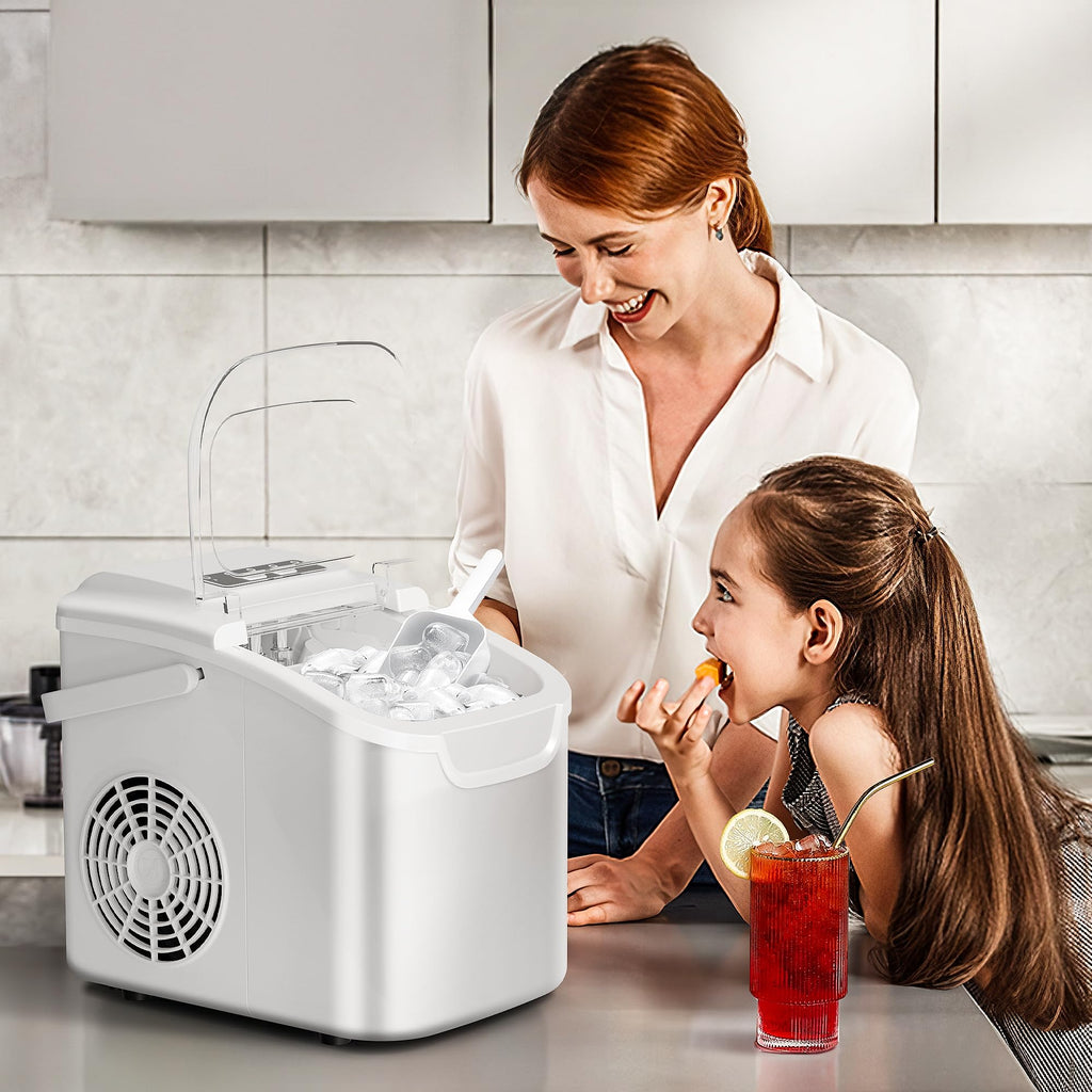 Countertop Portable Ice Maker Machine with Handle, 8 Bullet-Shaped Ice Cubes Ready in 6 Mins, 26Lbs/24H, Self-Cleaning Function with Ice Scoop and Basket for Home/Kitchen/Party (Black)