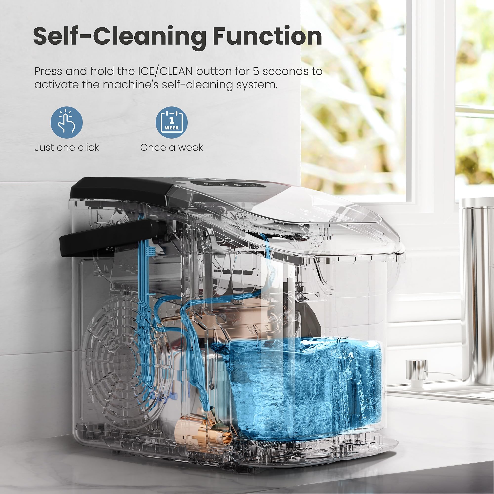 Countertop Portable Ice Maker Machine with Handle, 8 Bullet-Shaped Ice Cubes Ready in 6 Mins, 26Lbs/24H, Self-Cleaning Function with Ice Scoop and Basket for Home/Kitchen/Party (Black)