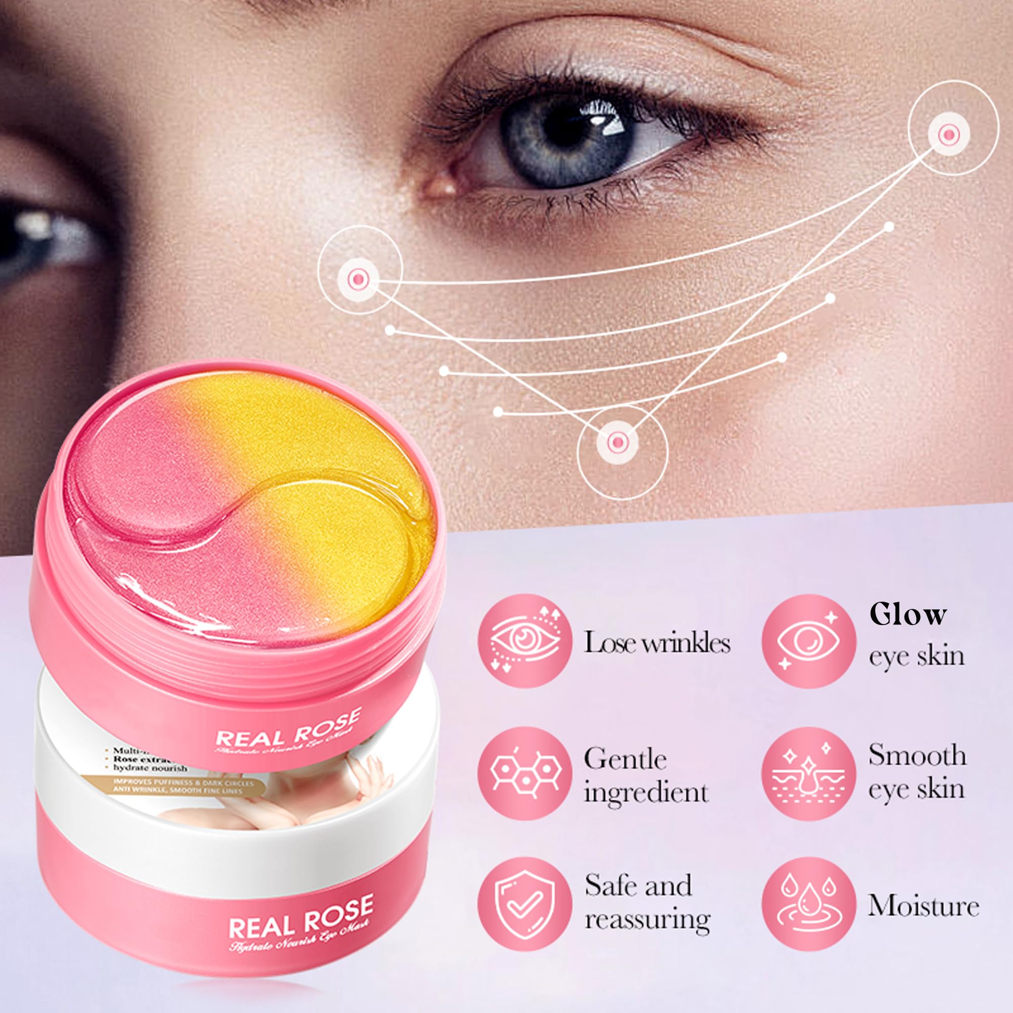 AKARY Eye Patches Rose Hydra-Gel Eye Mask Sheet Lady Skin Care Pad Remove Fine Lines Smooth Repair the Eyes Skin, Under Eye Gel for Moisturizing and Relieving, Firm the Look of the Eye Area