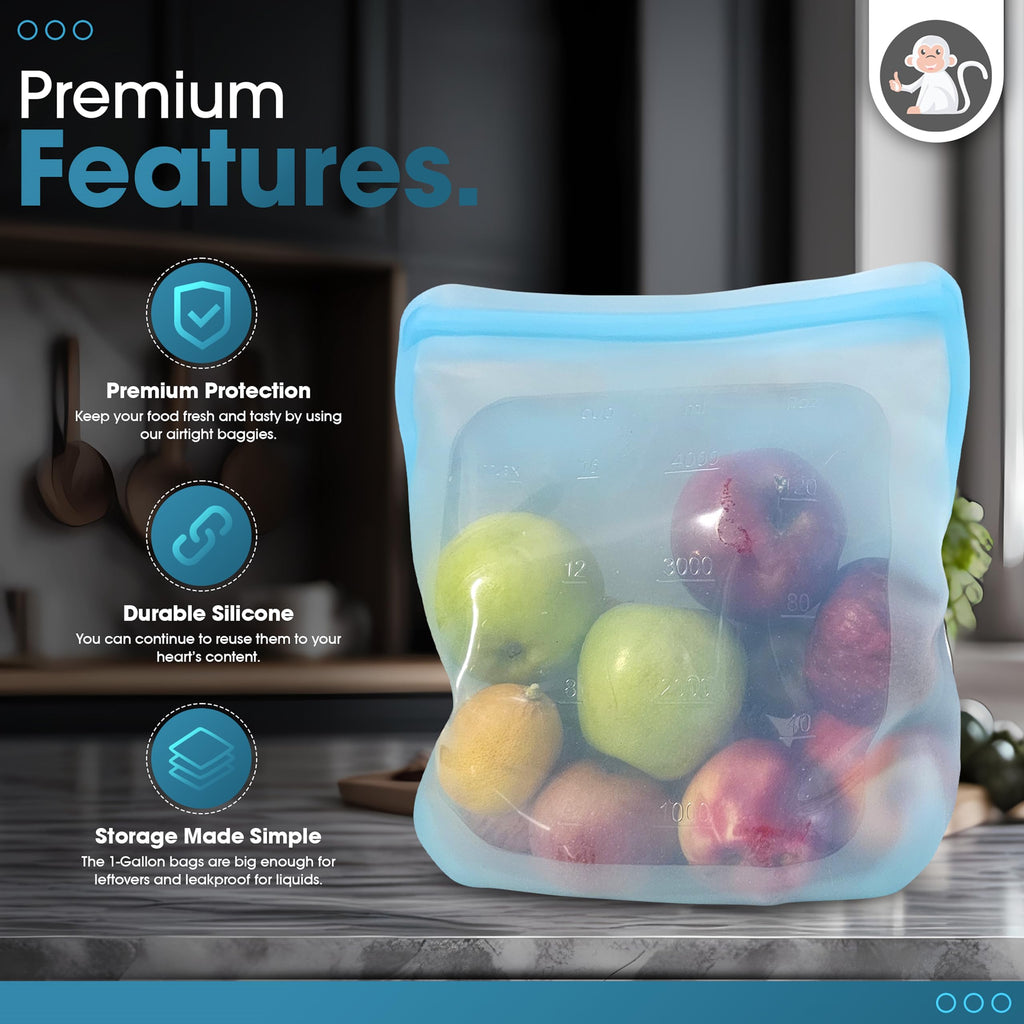 Albino Monkey Reusable 1 Gallon Silicone Freezer Bag, XXL 135 oz, Clear | Leakproof double-lock zip; for meal prep, marinating, brining & sous vide; dishwasher safe