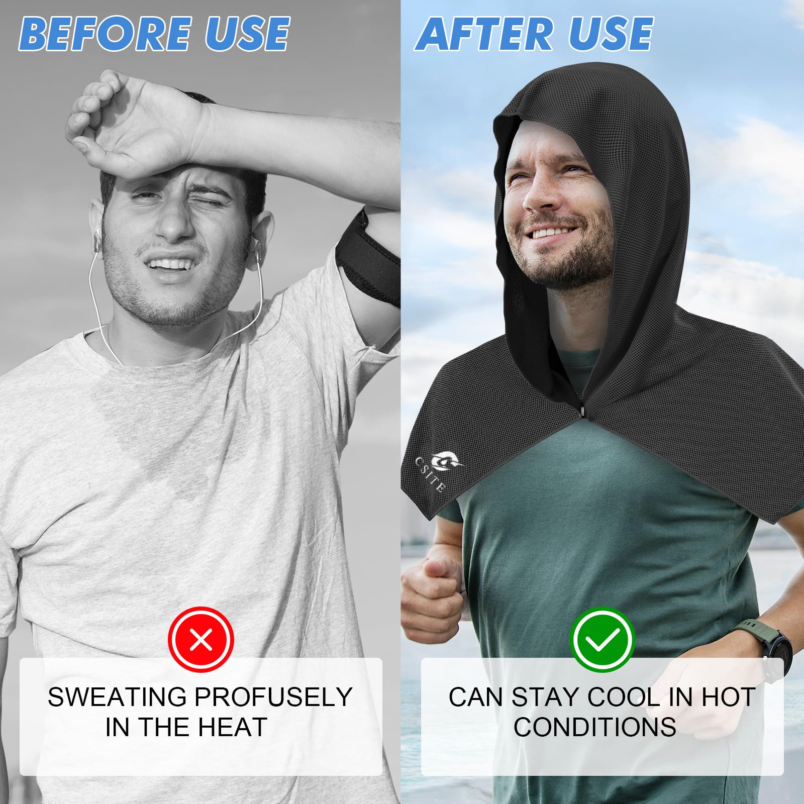 CSITE Cooling Hoodie Towels for Neck and Face, UPF 50 Sun Protection & Instant Cooling, Ice Towels for Hot Weather, Soft Breathable Towel for Sport, Work Out, Gym, Camping & More Activities（White）
