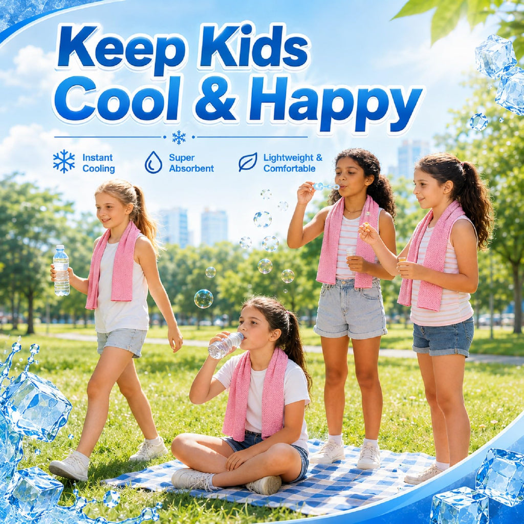 BobbleT Kids PVA Cooling Towels 4 Pack (30"x9") - Mini Instant Ice Cooling Towels for Neck & Face with UPF 50+ Sun Protection, Reusable Summer Heat Relief for Outdoor Activities, Pink