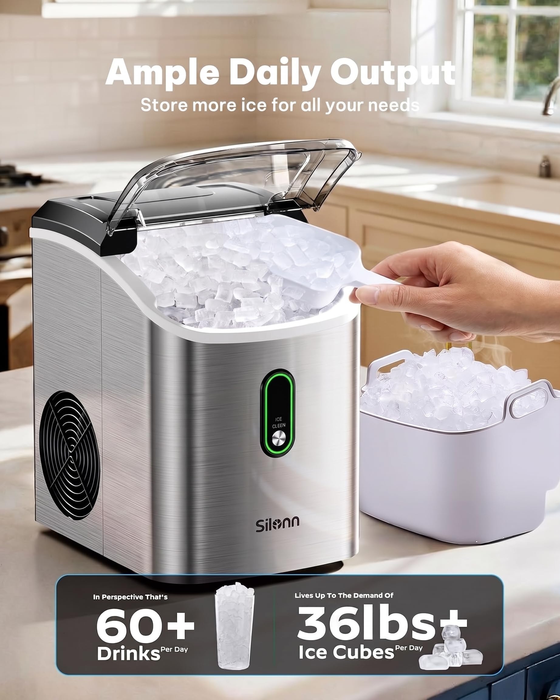 Silonn Nugget Ice Maker Countertop Pellet Machine with Self-Cleaning, Black | 36 lbs/24H, ice in 6 mins, soft chewable ice, removable cover, quiet operation, LED control panel, compact design