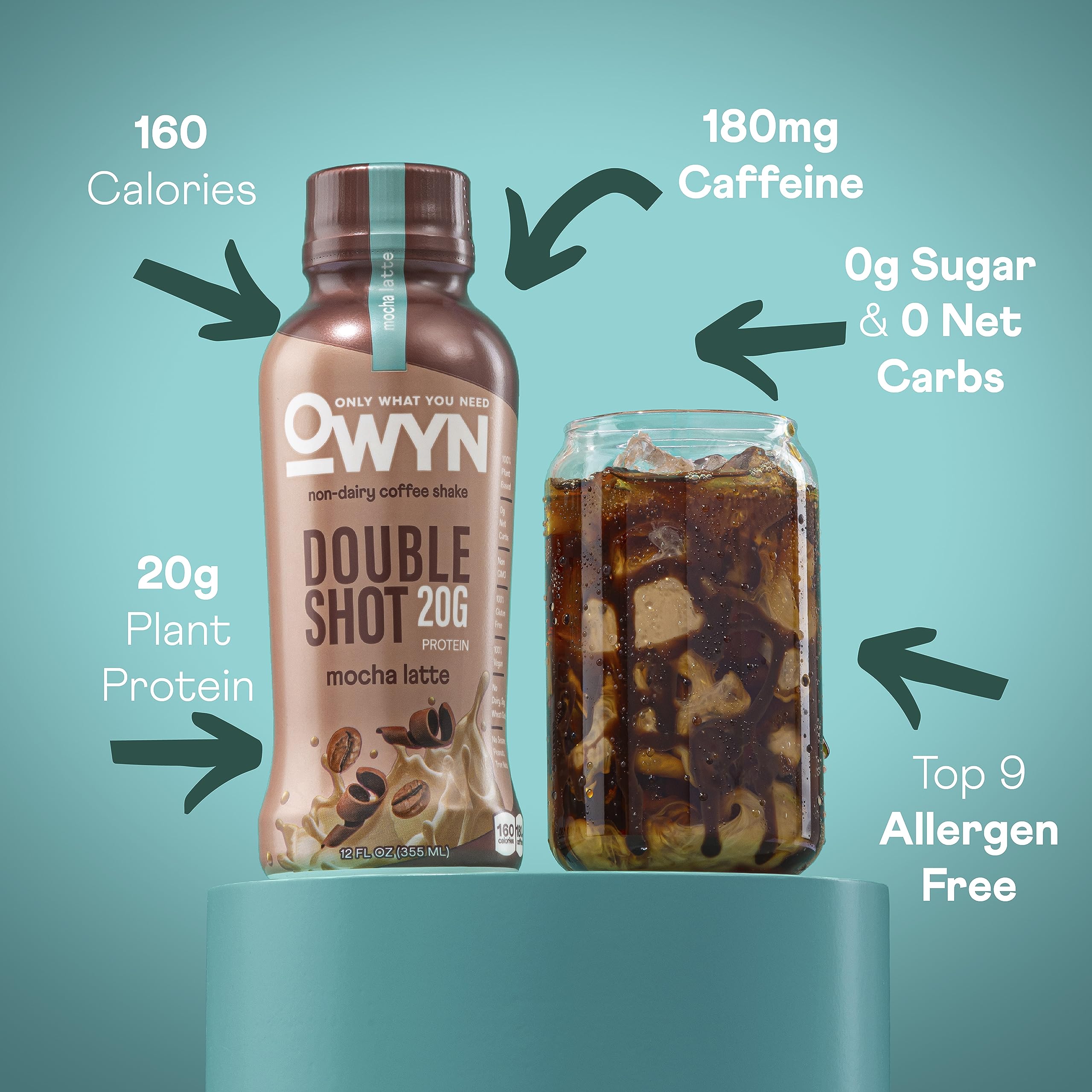 OWYN Only What You Need Double Shot Caramel Macchiato Flavored Protein Shake, 20g Protein, 0g Sugar, 3g Fiber, 180mg Caffeine, Dairy Free, Plant Based Protein Drink, 12 Count