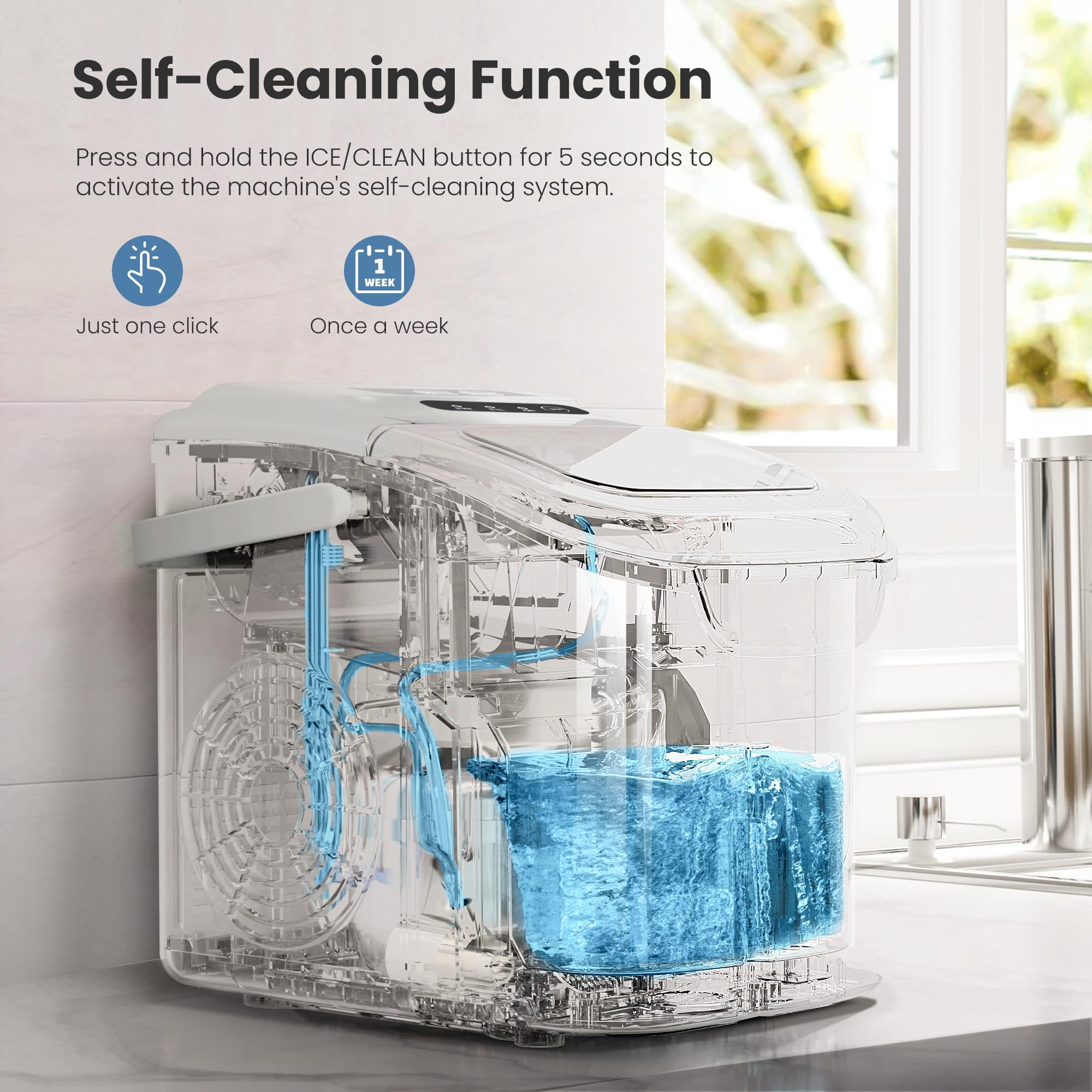 Countertop Portable Ice Maker Machine with Handle, 8 Bullet-Shaped Ice Cubes Ready in 6 Mins, 26Lbs/24H, Self-Cleaning Function with Ice Scoop and Basket for Home/Kitchen/Party (Black)