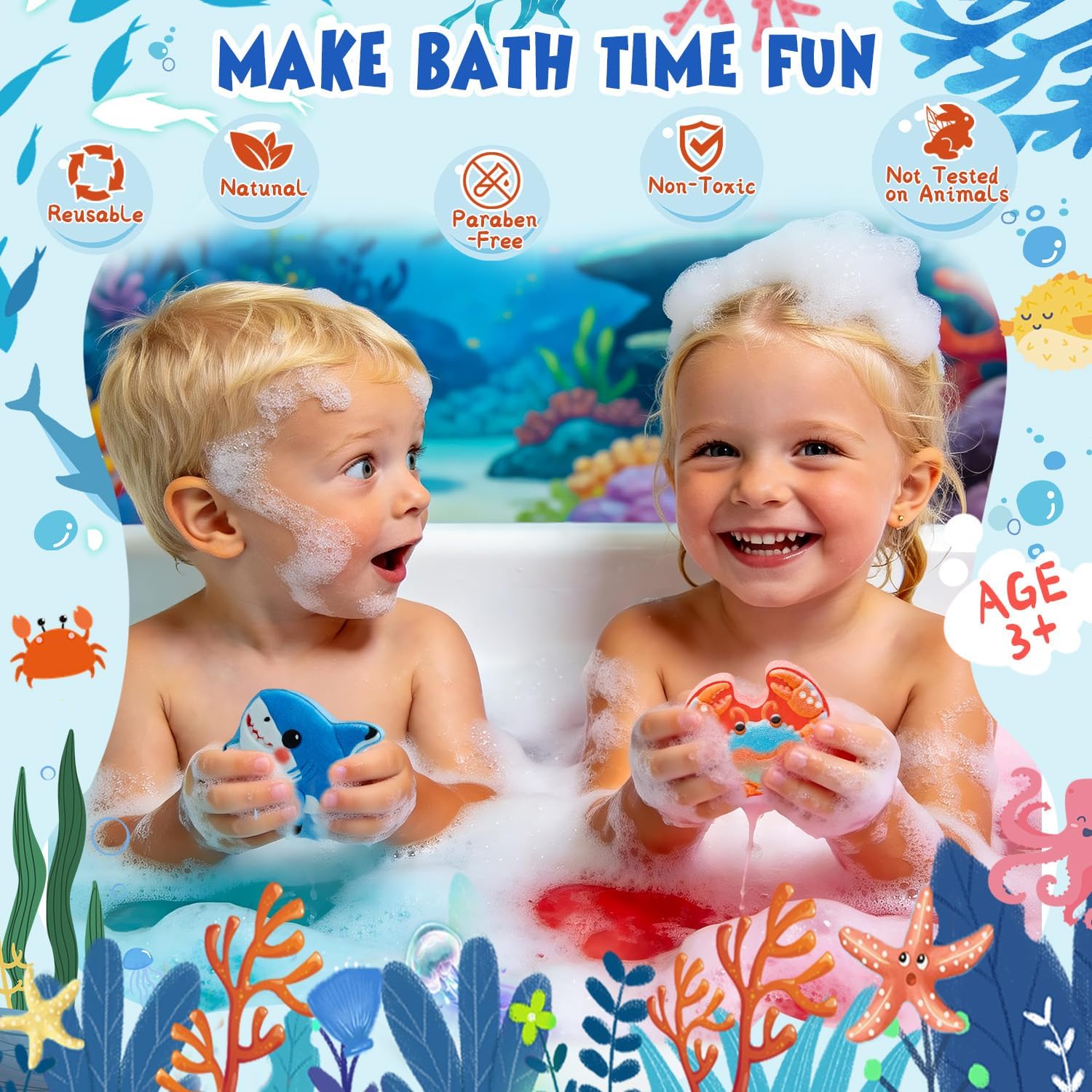 Bath Bombs for Kids Marine Animal Shaped, STEM 6 Pack Natural Organic Handmade Fizz Bubble Bath, Gentle Skin Friendly Bath Bomb Gift Set for Boys Girls Birthday, Kids Bath Time Fun