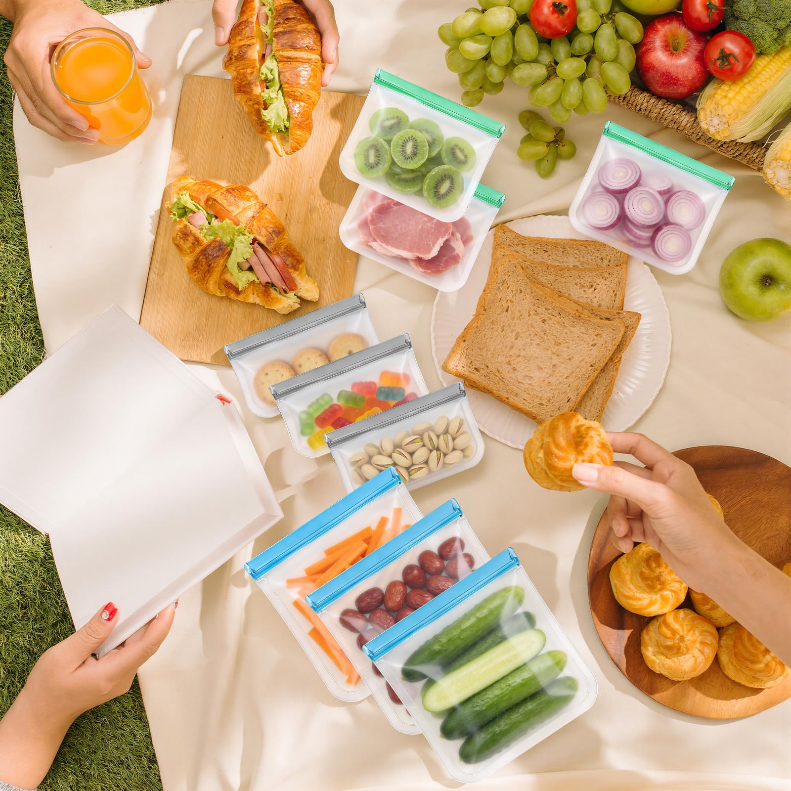 9 Pack Reusable Silicone Food Storage Bags - Freezer & Dishwasher Safe Leakproof Reusable Bags, Freezer Storage Bags Sets - 3 Gallon 3 Snack 3 Sandwich Bags
