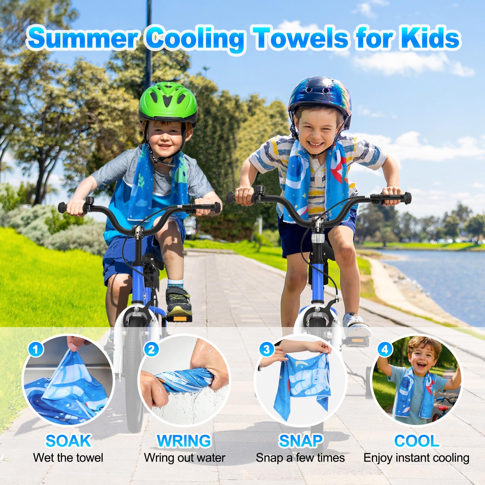 BobbleT 4 Pack Kids Cooling Towels, 30" x 9", Mini Cooling Towels for Neck and Face, Soft Breathable Cooling Neck Wraps for Girls, Ideal for Sports, School, Summer Camp & Outdoor Use