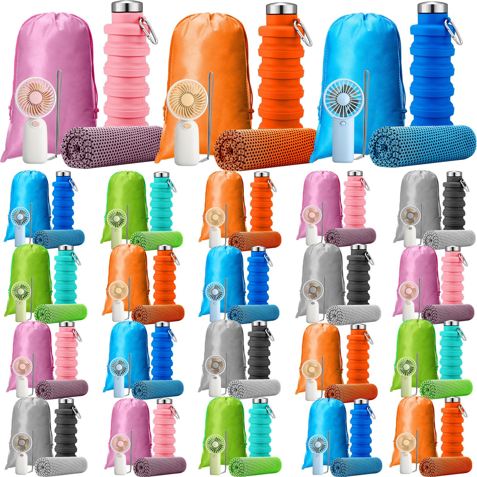 24 Set Theme Park Necessities Cruise Ship Accessory Kit Collapsible Water Bottle Cooling Towel Fan Drawstring Bag for Summer Amusement Park Outdoor Team Travel Cruise Gift Fitness Sport Favor
