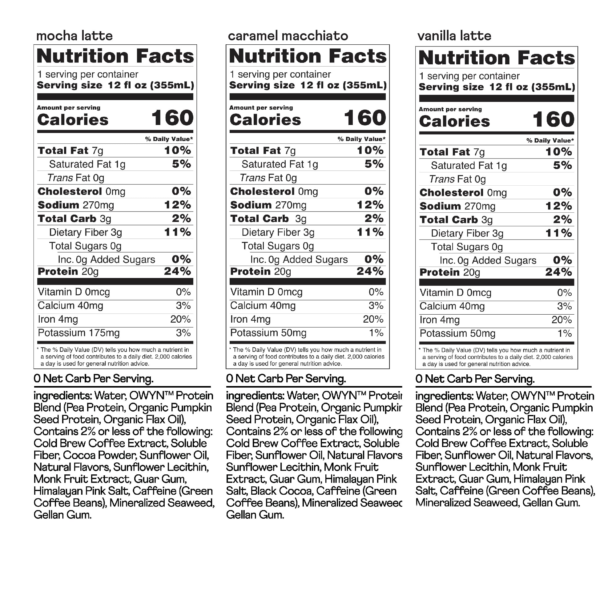 OWYN Only What You Need Double Shot Caramel Macchiato Flavored Protein Shake, 20g Protein, 0g Sugar, 3g Fiber, 180mg Caffeine, Dairy Free, Plant Based Protein Drink, 12 Count