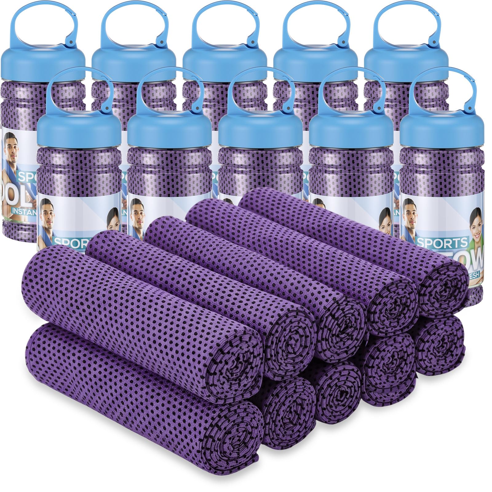 Honoson 10 Pcs Cooling Towels for Neck and Face, 47"x12" Sports Breathable Ice Towels Microfiber Chilly Sweat Rags with Portable Bottle for Gym Golf Athletes Yoga Workout Hot Weather (Mixed Colors)