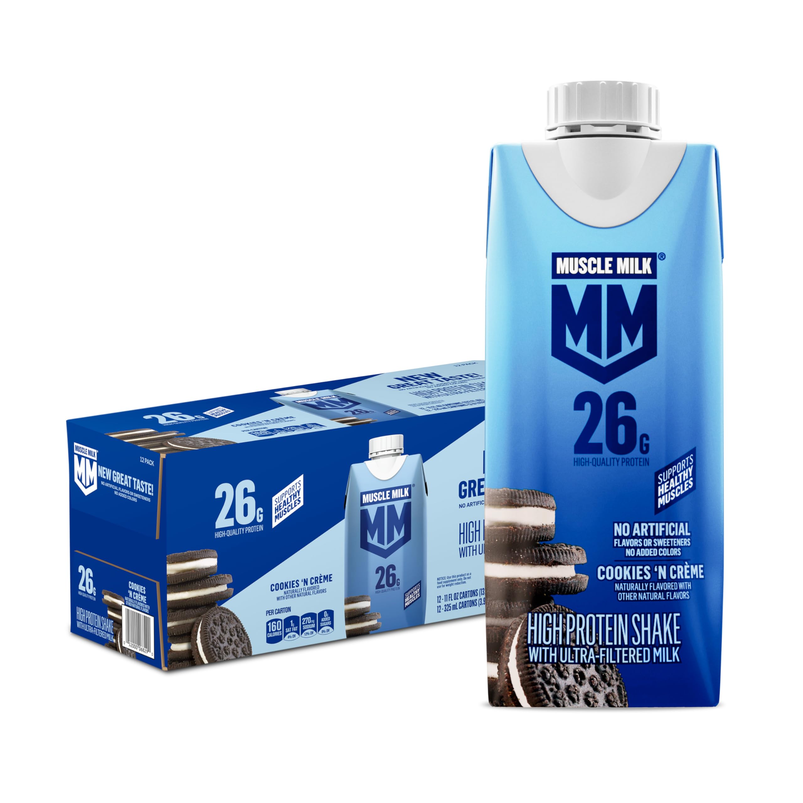 Muscle Milk High Protein Shake, Chocolate, 11 fl oz Cartons (12 Pack) Ultra Filtered Milk, 26g High Quality Protein Shake, 3g Sugar, 160 Calories, No Artificial Flavors, No Artificial Sweeteners, No Added Colors