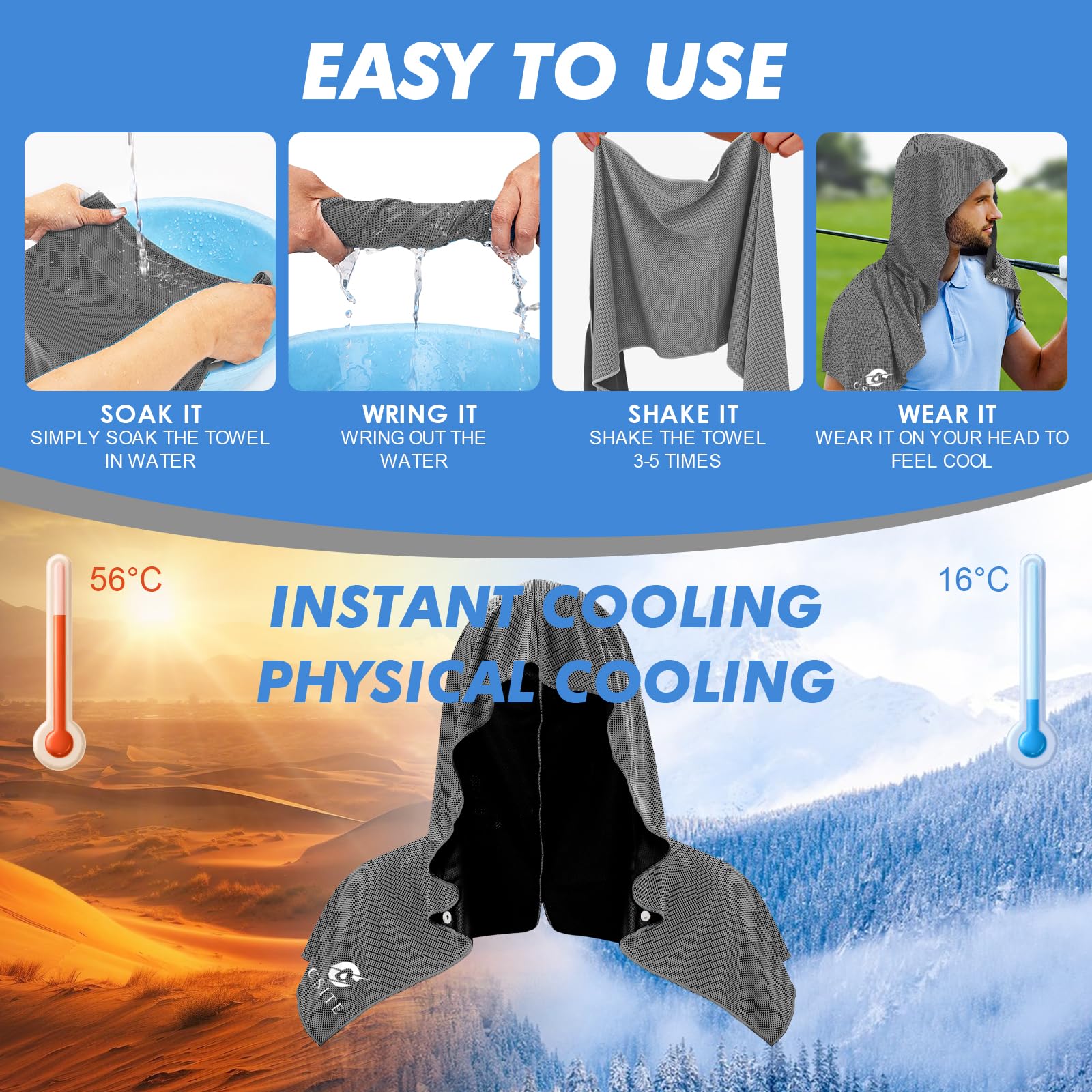 CSITE Cooling Hoodie Towels for Neck and Face, UPF 50 Sun Protection & Instant Cooling, Ice Towels for Hot Weather, Soft Breathable Towel for Sport, Work Out, Gym, Camping & More Activities（White）