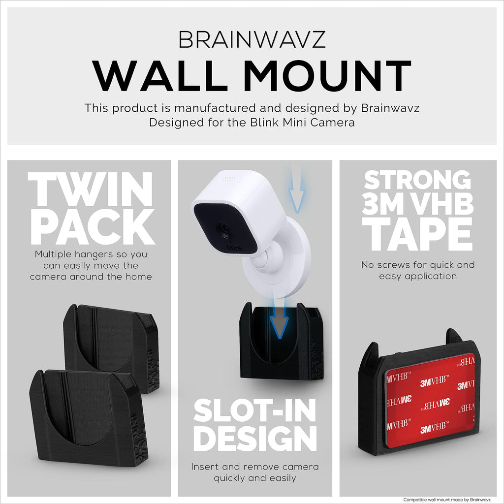 BRAINWAVZ Adhesive Wall Mount for Blink Mini Camera, 2 Pack, No Hassle Holder, Strong 3M VHB Tape, No Screws, No Mess Install, Bracket Stand (White)