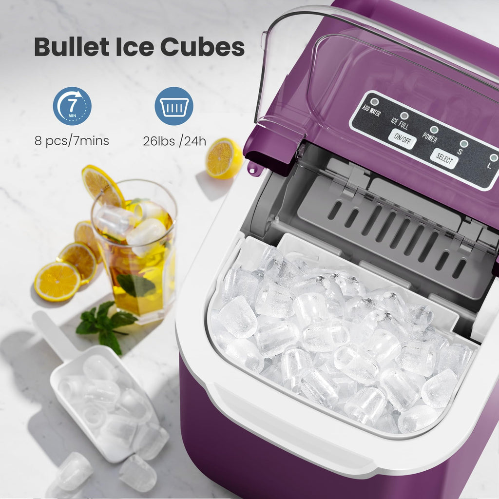 Countertop Portable Ice Maker Machine with Handle, 8 Bullet-Shaped Ice Cubes Ready in 6 Mins, 26Lbs/24H, Self-Cleaning Function with Ice Scoop and Basket for Home/Kitchen/Party (Black)
