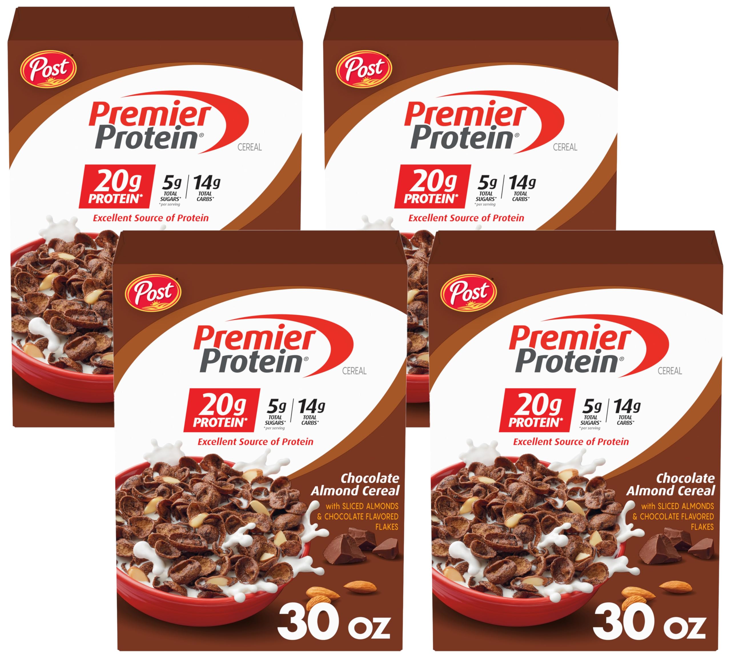 Premier Protein Chocolate Almond Cereal, Chocolatey Protein Cereal Flakes with Sliced Almonds, Contains 20g of Protein Per Serving, 9 OZ Box (Pack of 2)