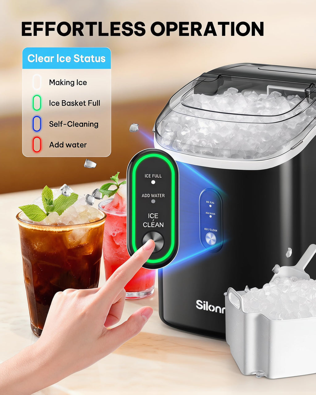 Silonn Nugget Ice Maker Countertop Pellet Machine with Self-Cleaning, Black | 36 lbs/24H, ice in 6 mins, soft chewable ice, removable cover, quiet operation, LED control panel, compact design