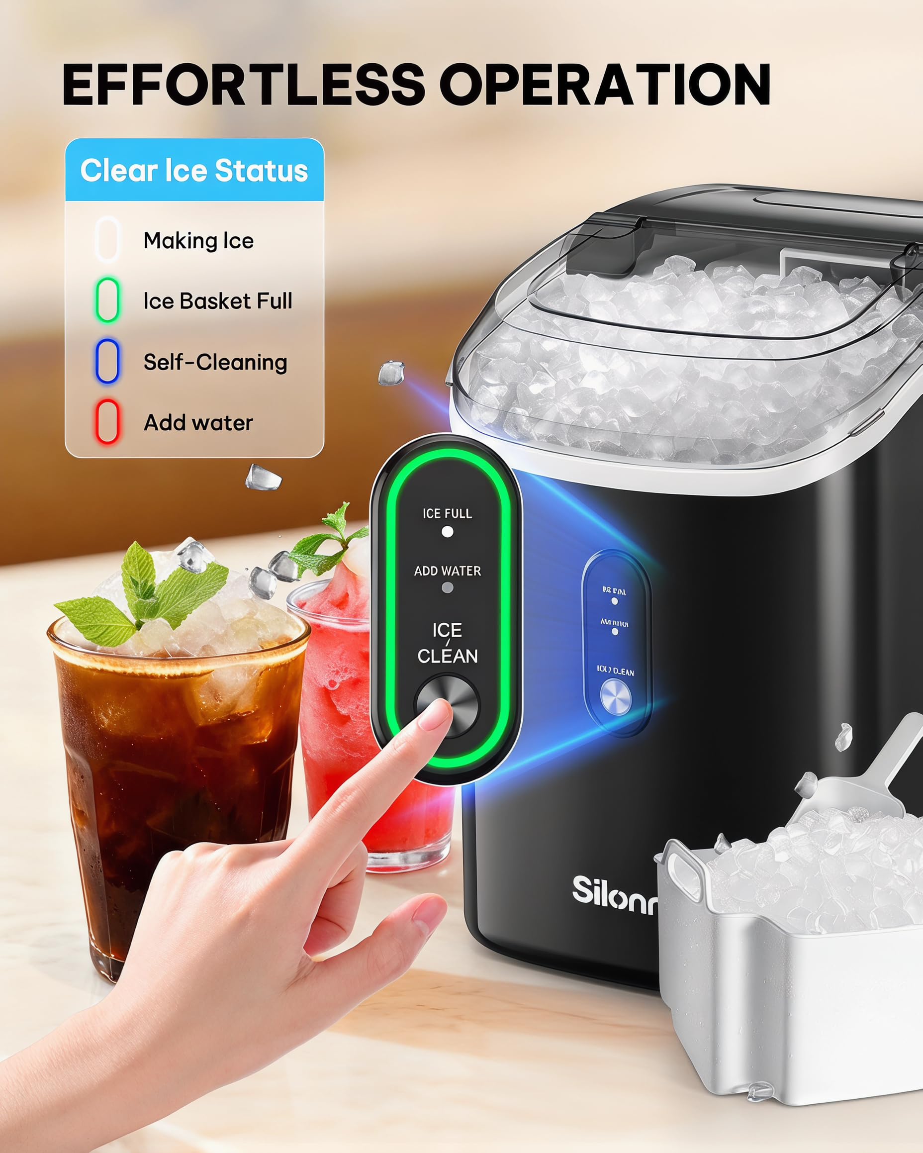Silonn Nugget Ice Maker Countertop Pellet Machine with Self-Cleaning, Black | 36 lbs/24H, ice in 6 mins, soft chewable ice, removable cover, quiet operation, LED control panel, compact design