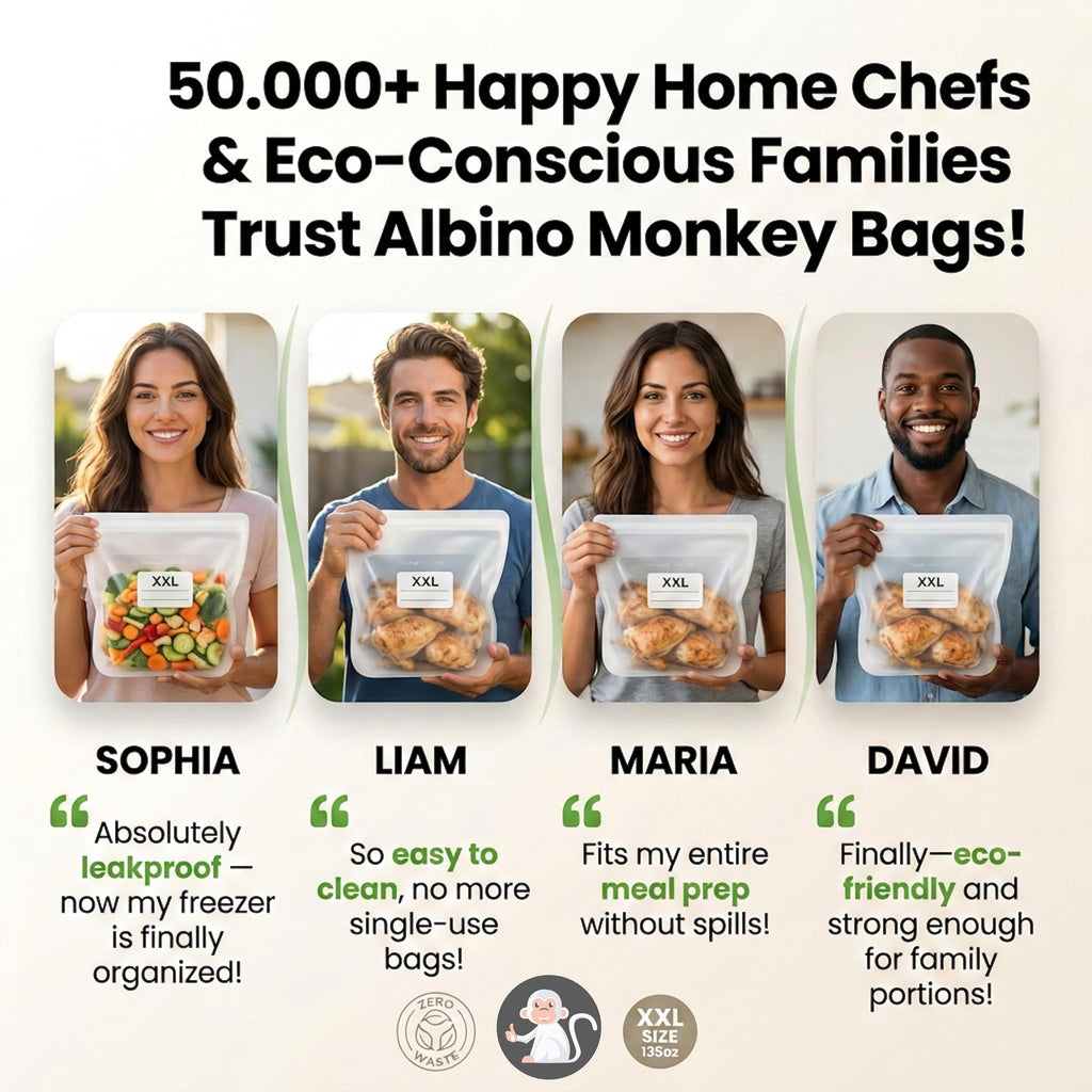 Albino Monkey Reusable 1 Gallon Silicone Freezer Bag, XXL 135 oz, Clear | Leakproof double-lock zip; for meal prep, marinating, brining & sous vide; dishwasher safe