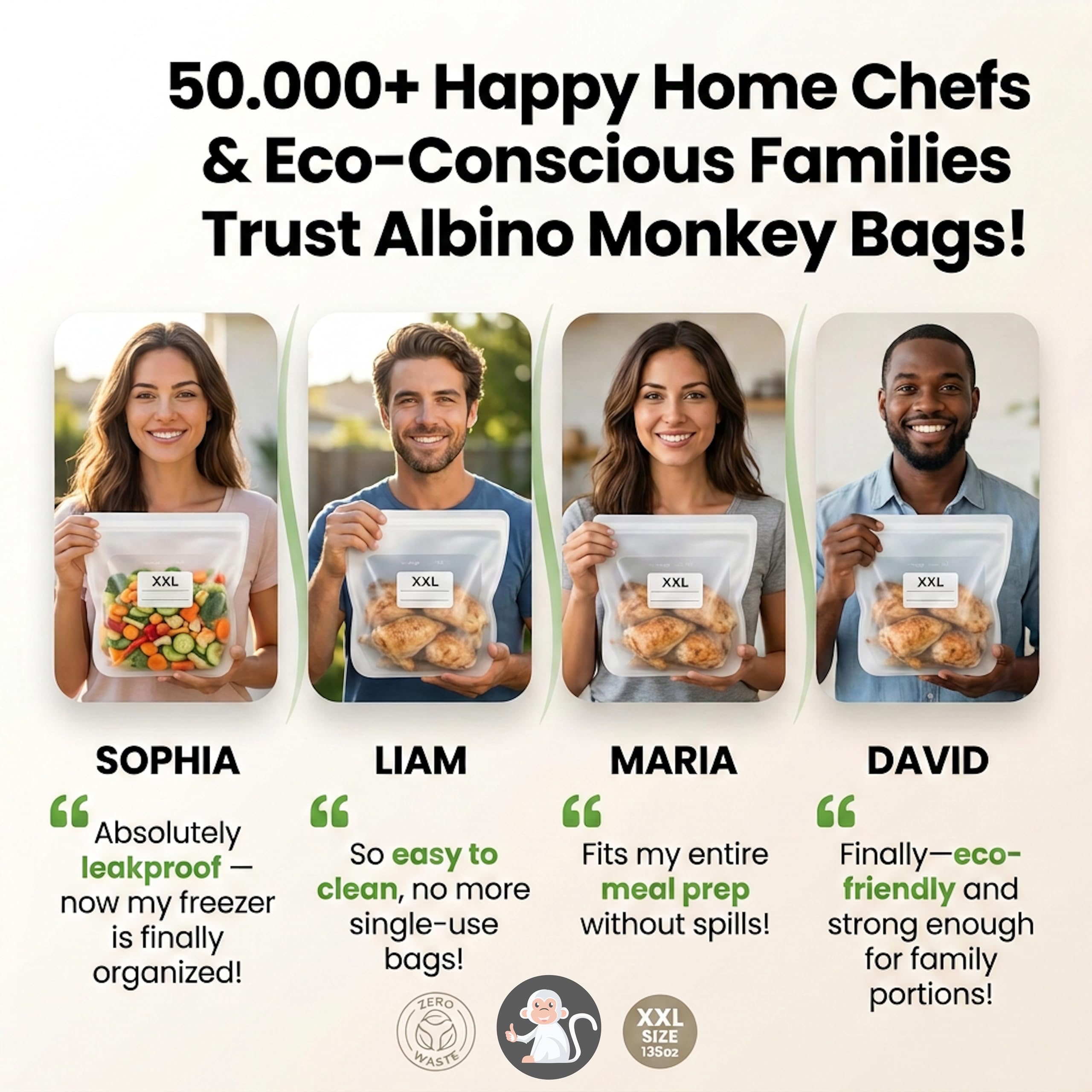 Albino Monkey Reusable 1 Gallon Silicone Freezer Bag, XXL 135 oz, Clear | Leakproof double-lock zip; for meal prep, marinating, brining & sous vide; dishwasher safe