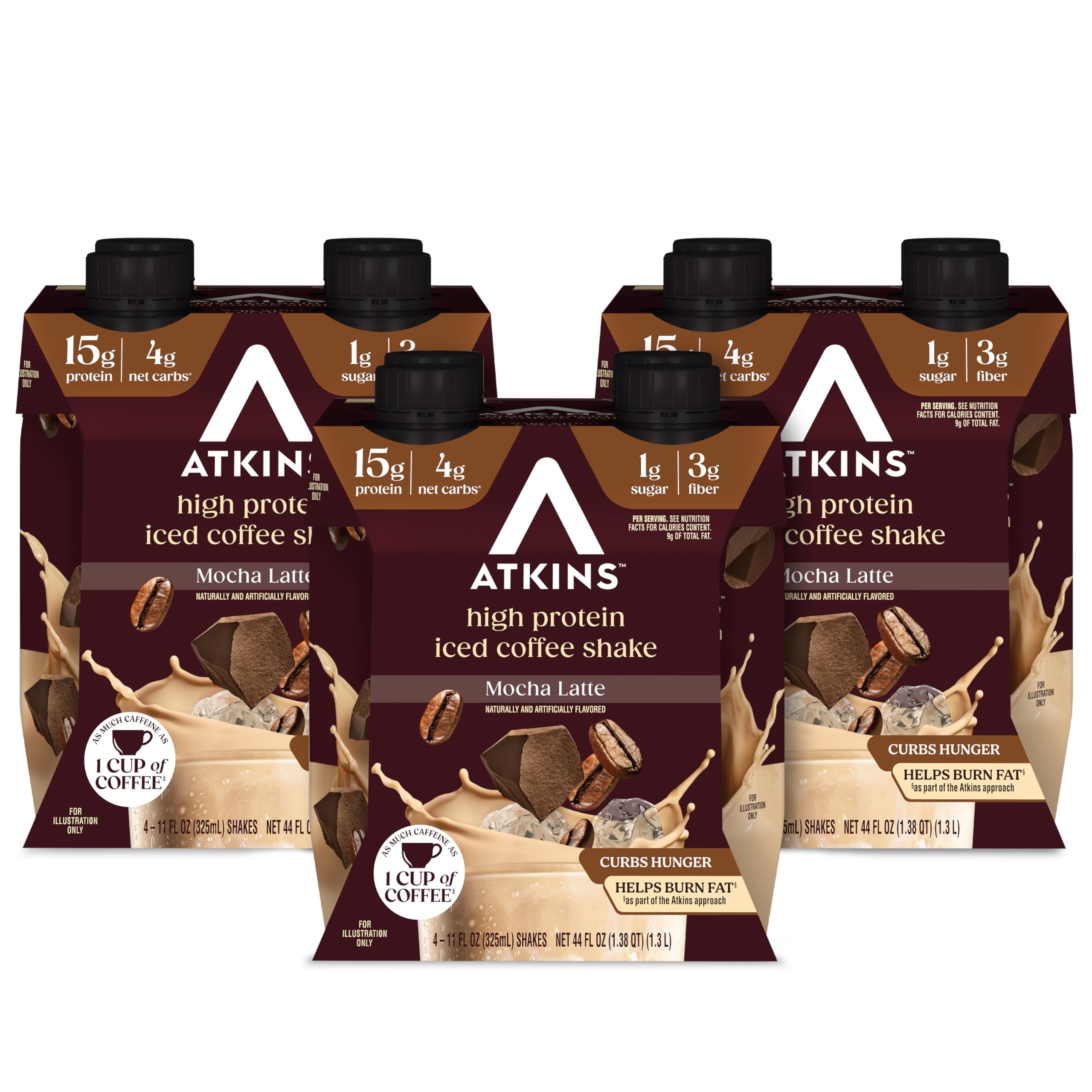 Atkins Coffee Lovers Protein Shake Variety Pack, Mocha Latte, Café Caramel and Café au Lait Flavored Protein Shakes, 15g Protein, 3g Fiber, GLP-1 Friendly, 12 Count