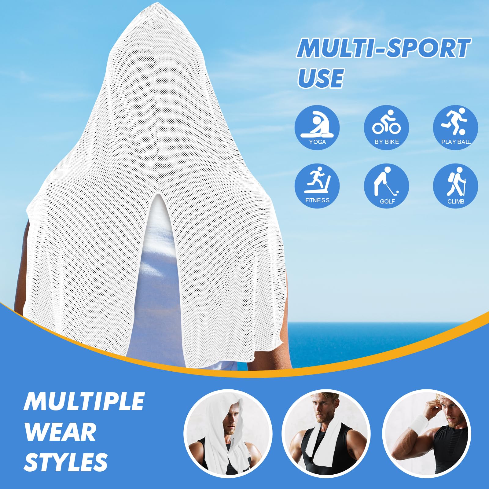 CSITE Cooling Hoodie Towels for Neck and Face, UPF 50 Sun Protection & Instant Cooling, Ice Towels for Hot Weather, Soft Breathable Towel for Sport, Work Out, Gym, Camping & More Activities（White）