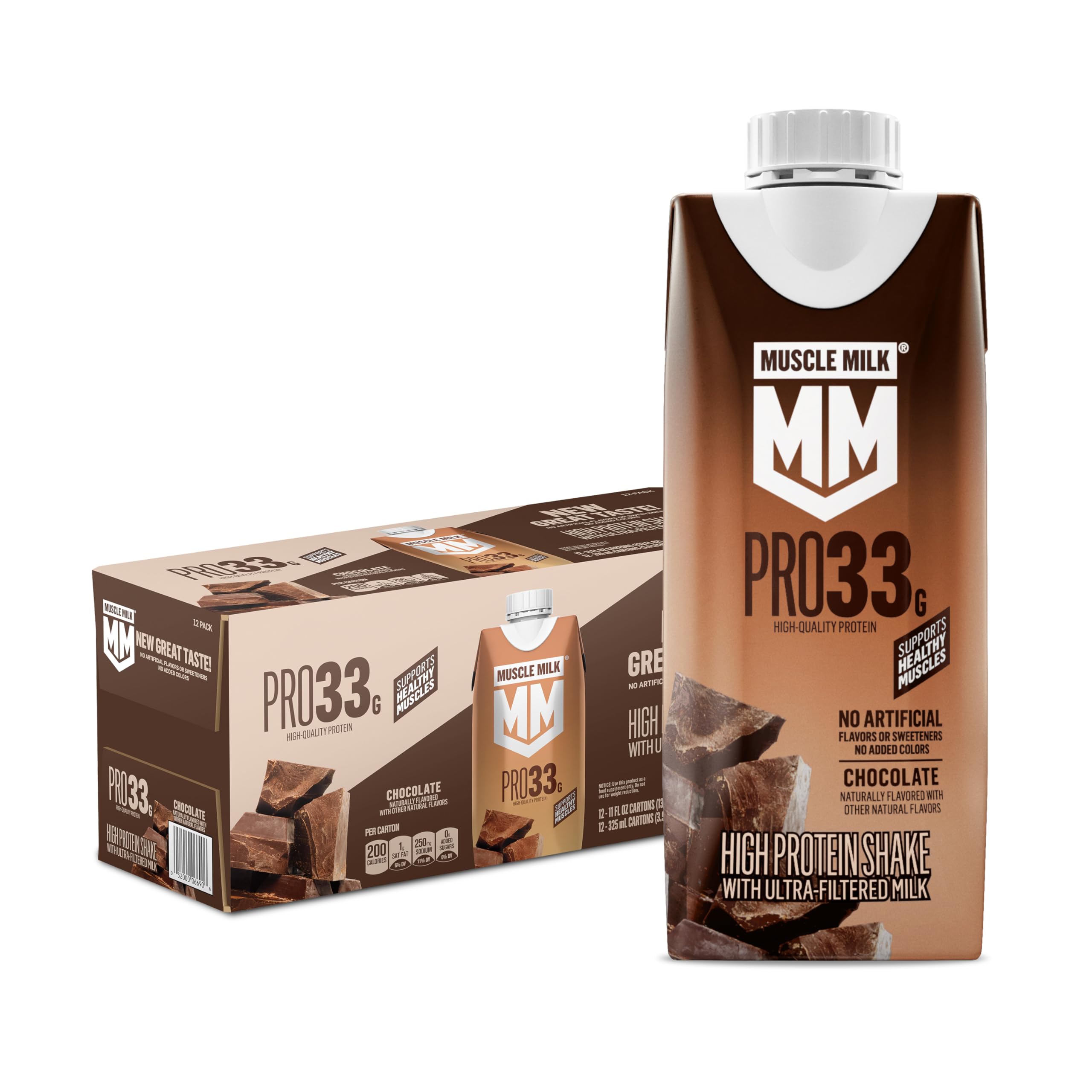 Muscle Milk Pro High Protein Shake, Strawberry, 11 fl oz Cartons, (12 Pack) Ultra Filtered Milk, 33g High Quality Protein Shake, 3g Sugar, 200 Calories, No Artificial Flavors or Artificial Sweeteners, No Added Colors