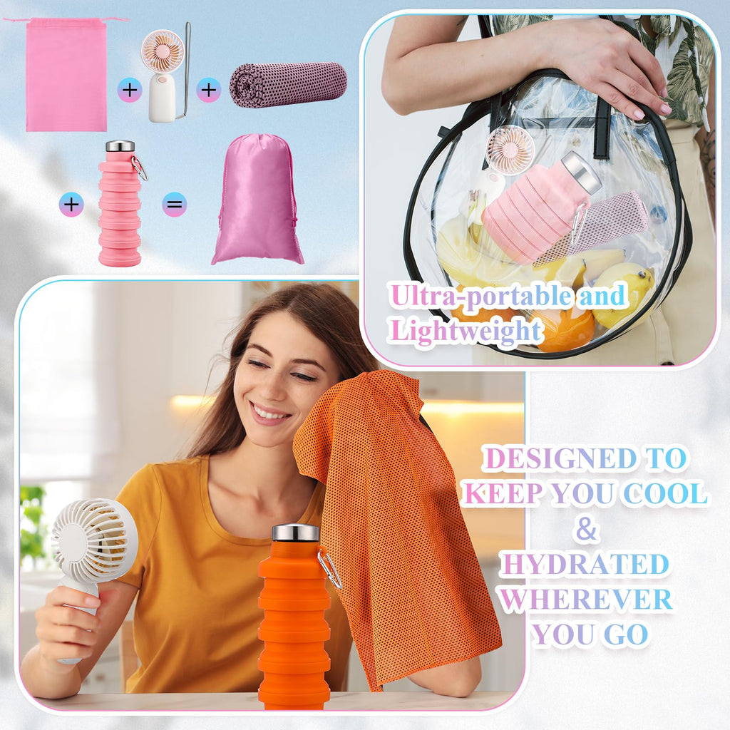 24 Set Theme Park Necessities Cruise Ship Accessory Kit Collapsible Water Bottle Cooling Towel Fan Drawstring Bag for Summer Amusement Park Outdoor Team Travel Cruise Gift Fitness Sport Favor