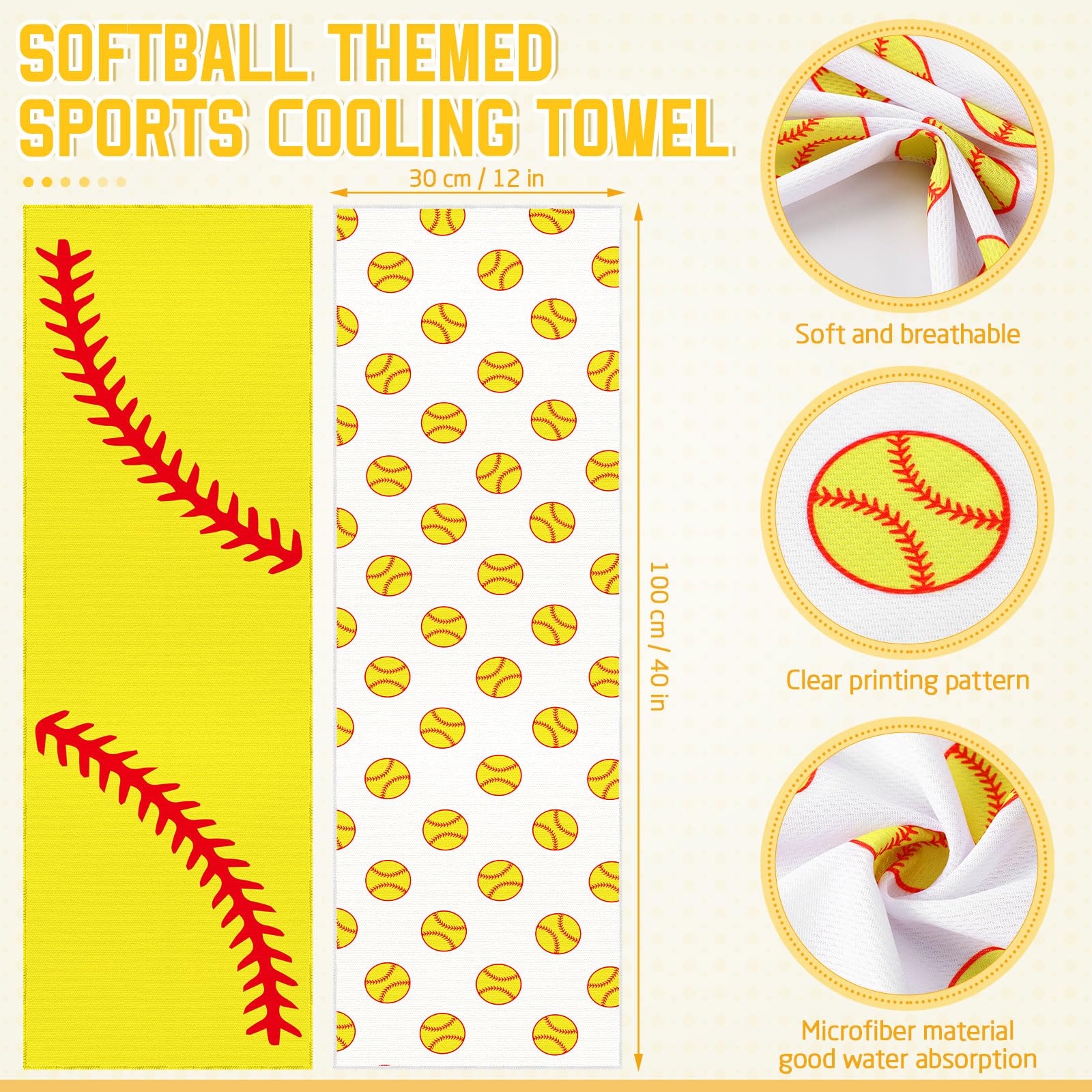 12 count Sports Cooling Towels Baseball Basketball Softball 40 x 12 Inch Breathable Soccer Football Volleyball Microfiber Ice Towel Fast Drying for Sport Party Favors Team Gift(Yellow,Softball)