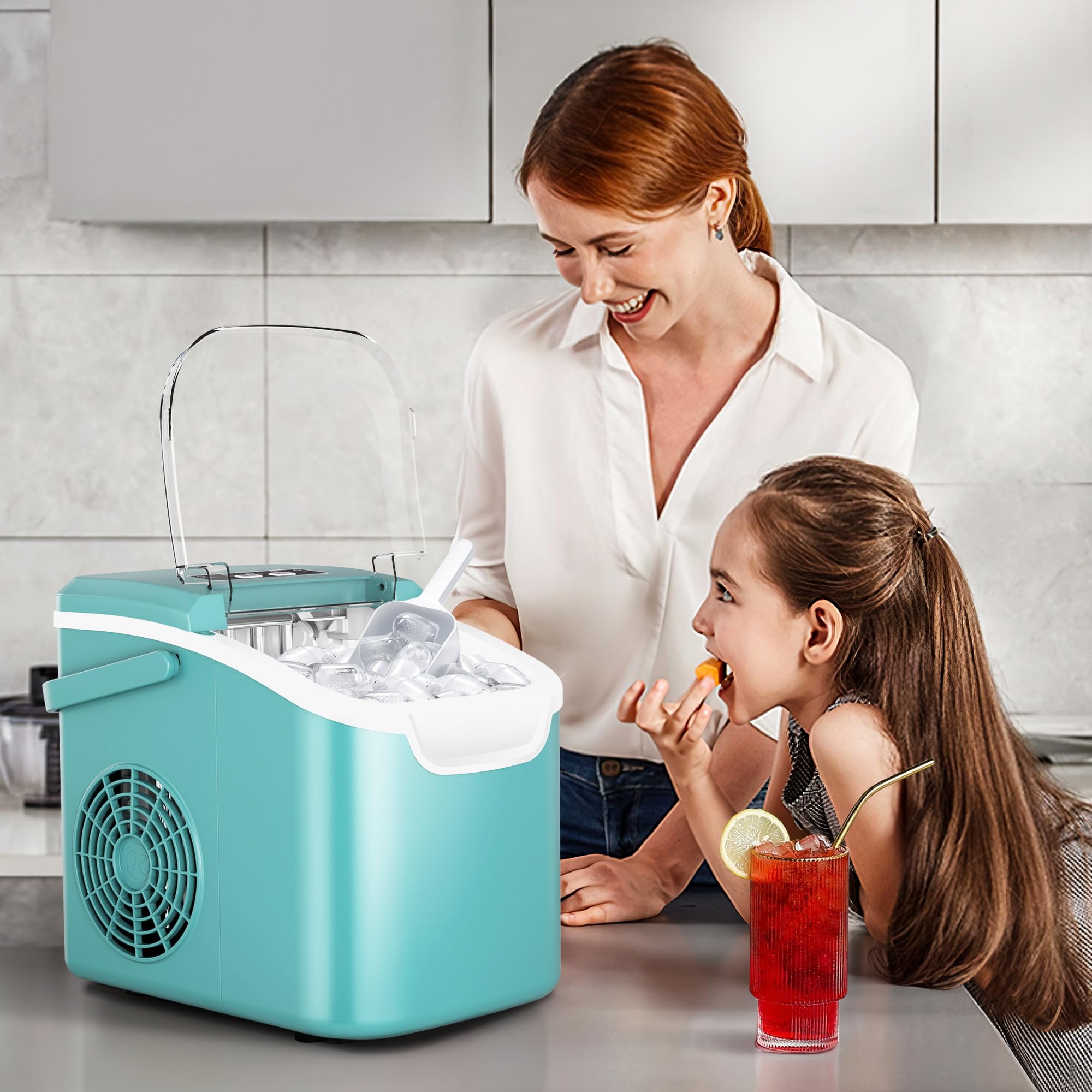 Countertop Portable Ice Maker Machine with Handle, 8 Bullet-Shaped Ice Cubes Ready in 6 Mins, 26Lbs/24H, Self-Cleaning Function with Ice Scoop and Basket for Home/Kitchen/Party (Black)