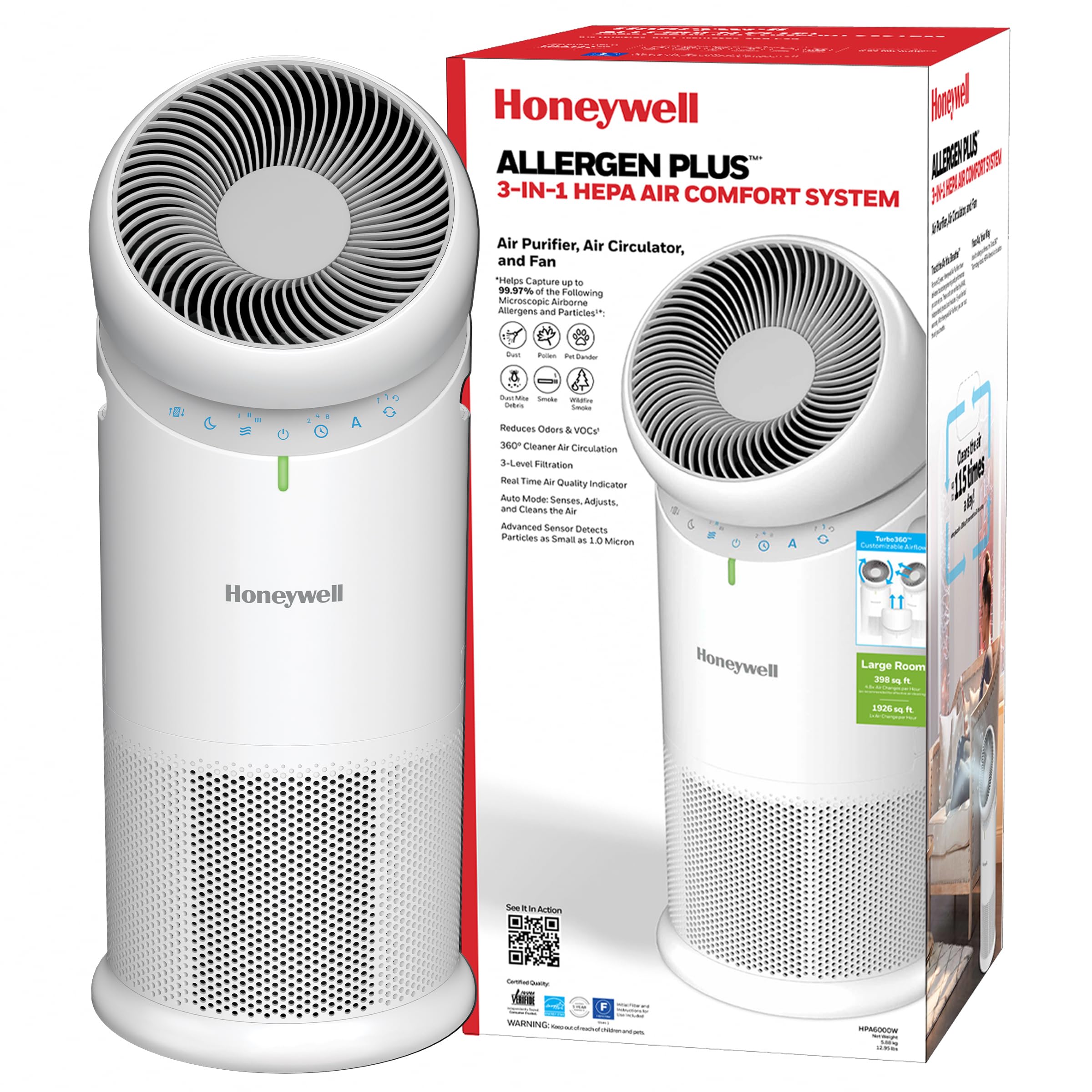 Honeywell Allergen Plus™ 3-in-1 HEPA Air Purifier Fan & Air Circulator, 1928 Ft² Rooms in 1 Hour, Air Quality Sensor, Sleep Mode, Reduces Allergens, Pet Dander, and Odors, White, HPA6000W