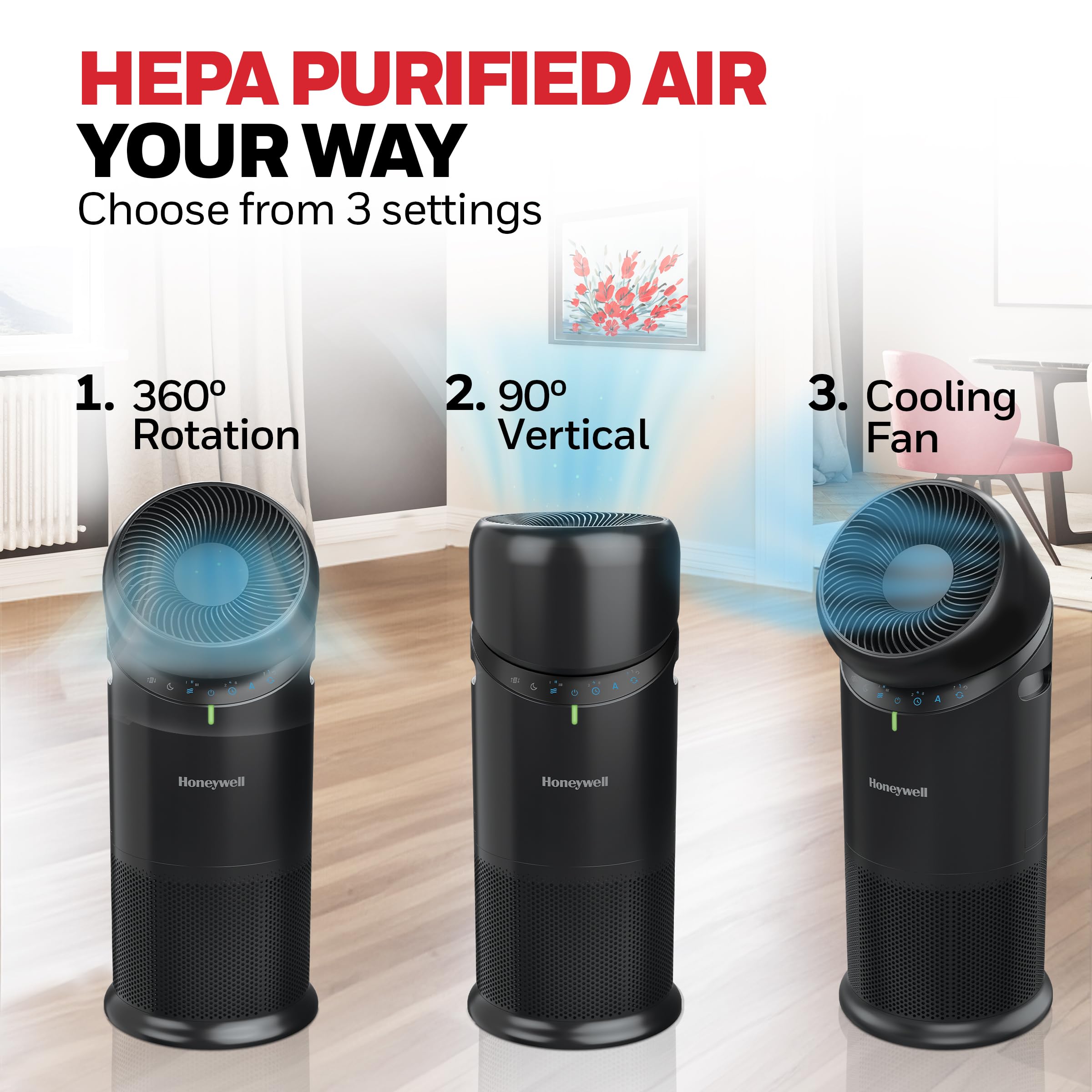 Honeywell Allergen Plus™ 3-in-1 HEPA Air Purifier Fan & Air Circulator, 1928 Ft² Rooms in 1 Hour, Air Quality Sensor, Sleep Mode, Reduces Allergens, Pet Dander, and Odors, White, HPA6000W