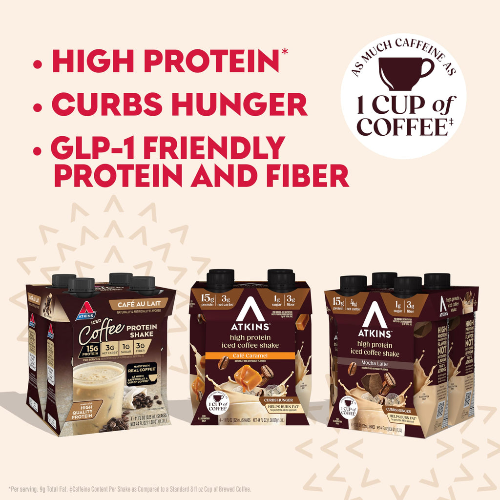 Atkins Coffee Lovers Protein Shake Variety Pack, Mocha Latte, Café Caramel and Café au Lait Flavored Protein Shakes, 15g Protein, 3g Fiber, GLP-1 Friendly, 12 Count