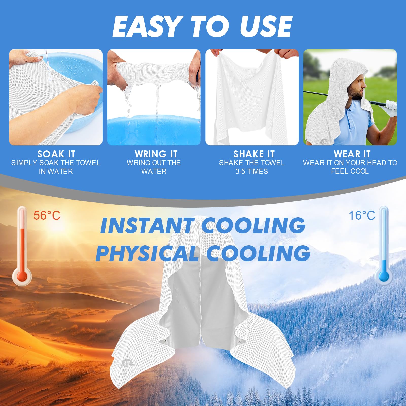 CSITE Cooling Hoodie Towels for Neck and Face, UPF 50 Sun Protection & Instant Cooling, Ice Towels for Hot Weather, Soft Breathable Towel for Sport, Work Out, Gym, Camping & More Activities（White）