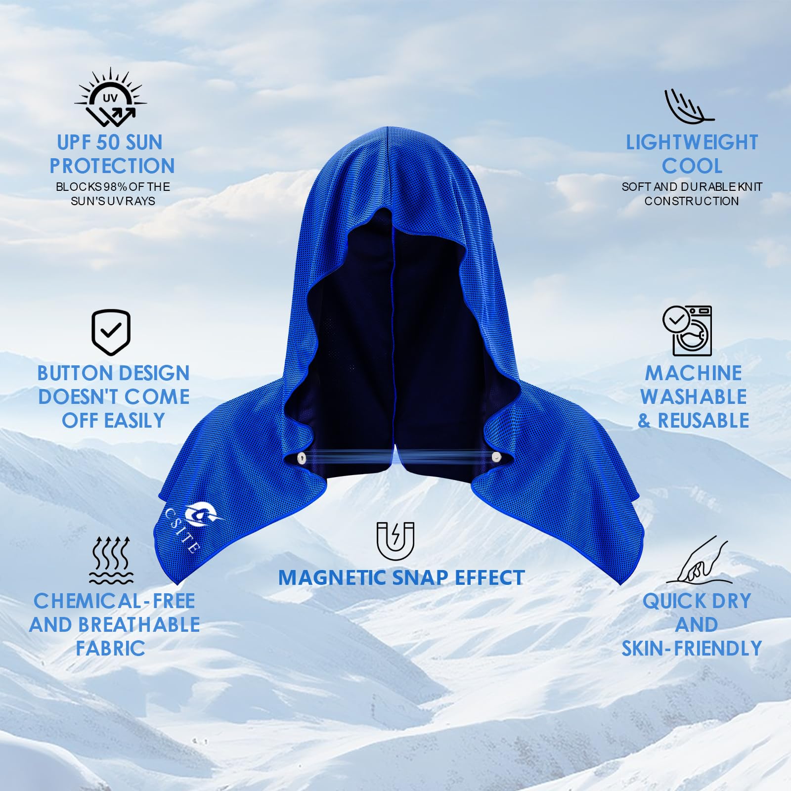 CSITE Cooling Hoodie Towels for Neck and Face, UPF 50 Sun Protection & Instant Cooling, Ice Towels for Hot Weather, Soft Breathable Towel for Sport, Work Out, Gym, Camping & More Activities（White）