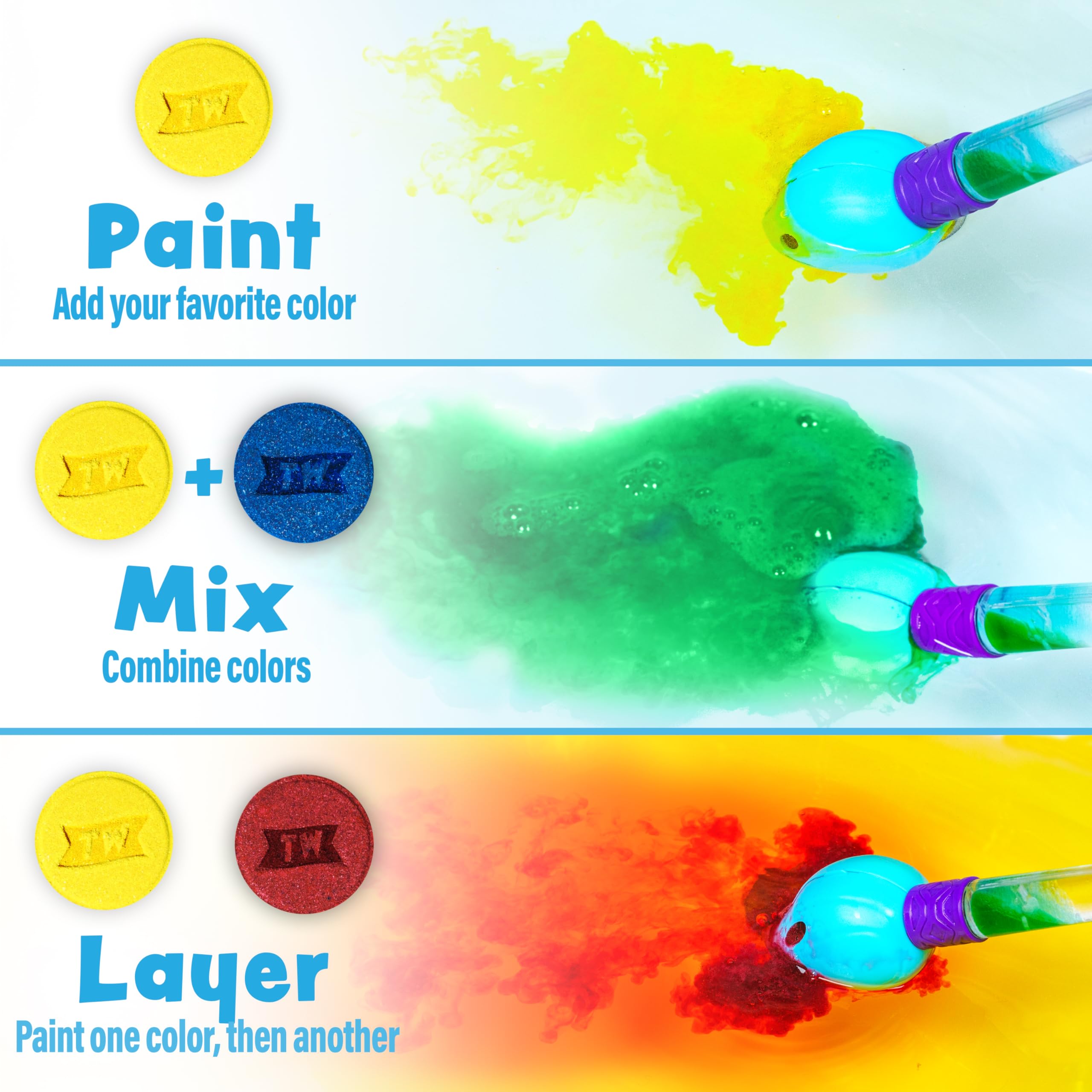 Tub Works® Bath Color Pops™ Moisturizing Kids Bath Bombs, 120 Count | Bath Bomb Refills for Bath Color Brush | Nontoxic & Fragrance-Free | 12 Unique Colors | Fizzy, Vibrant Water Color Tablets