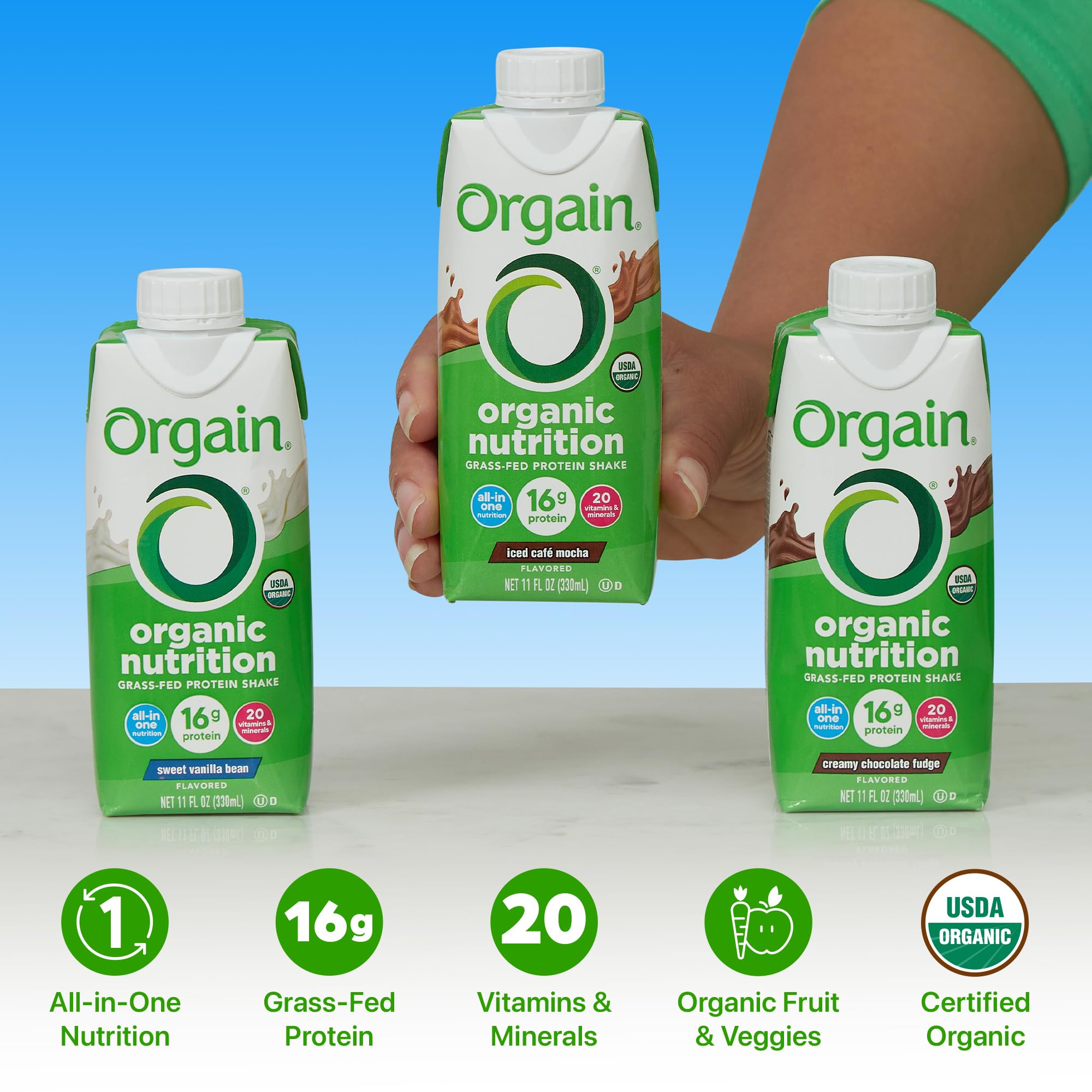 Orgain Organic Nutritional Protein Shake, 16g Grass Fed Whey Protein, Meal Replacement, 20 Vitamins & Minerals, Fruits & Vegetables Variety Pack, Chocolate, Vanilla, Mocha, 11 Fl Oz (12 Pack)