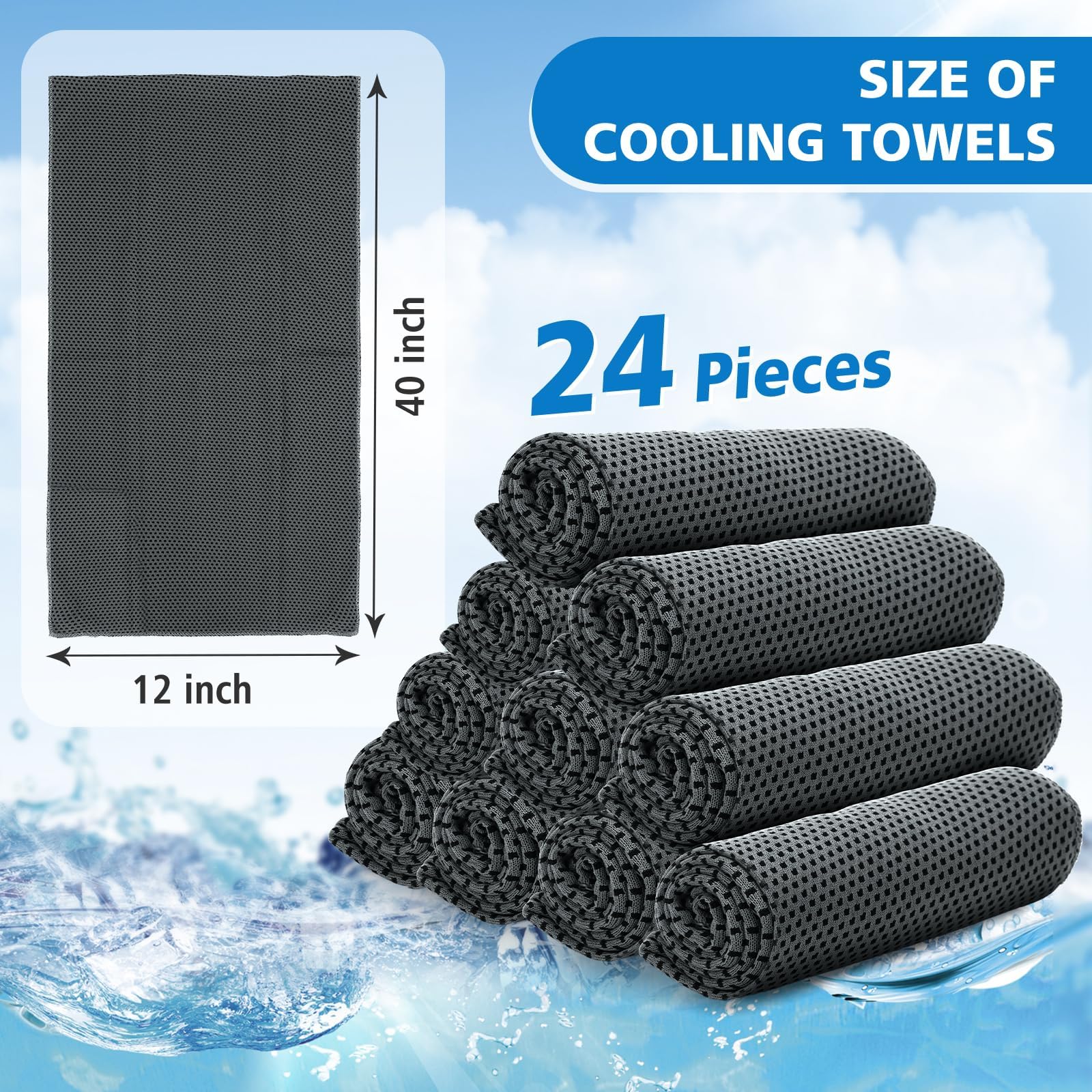 24 Pack Cooling Towels Bulk for Neck and Face 40"x12" Ice Cooling Sweat Rags Microfiber Soft Breathable Soft Chilly Towel for Yoga Golf Sport Running