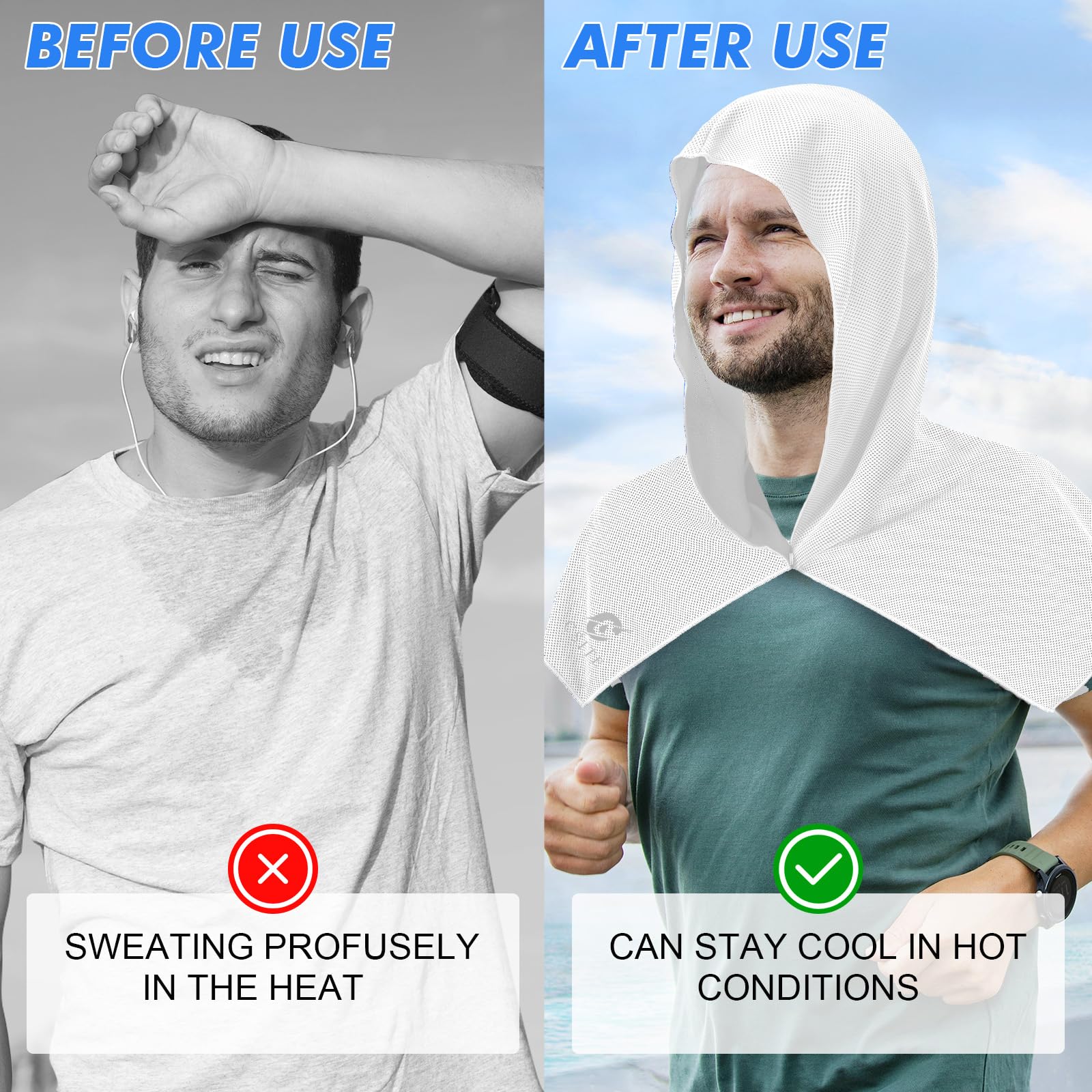 CSITE Cooling Hoodie Towels for Neck and Face, UPF 50 Sun Protection & Instant Cooling, Ice Towels for Hot Weather, Soft Breathable Towel for Sport, Work Out, Gym, Camping & More Activities（White）