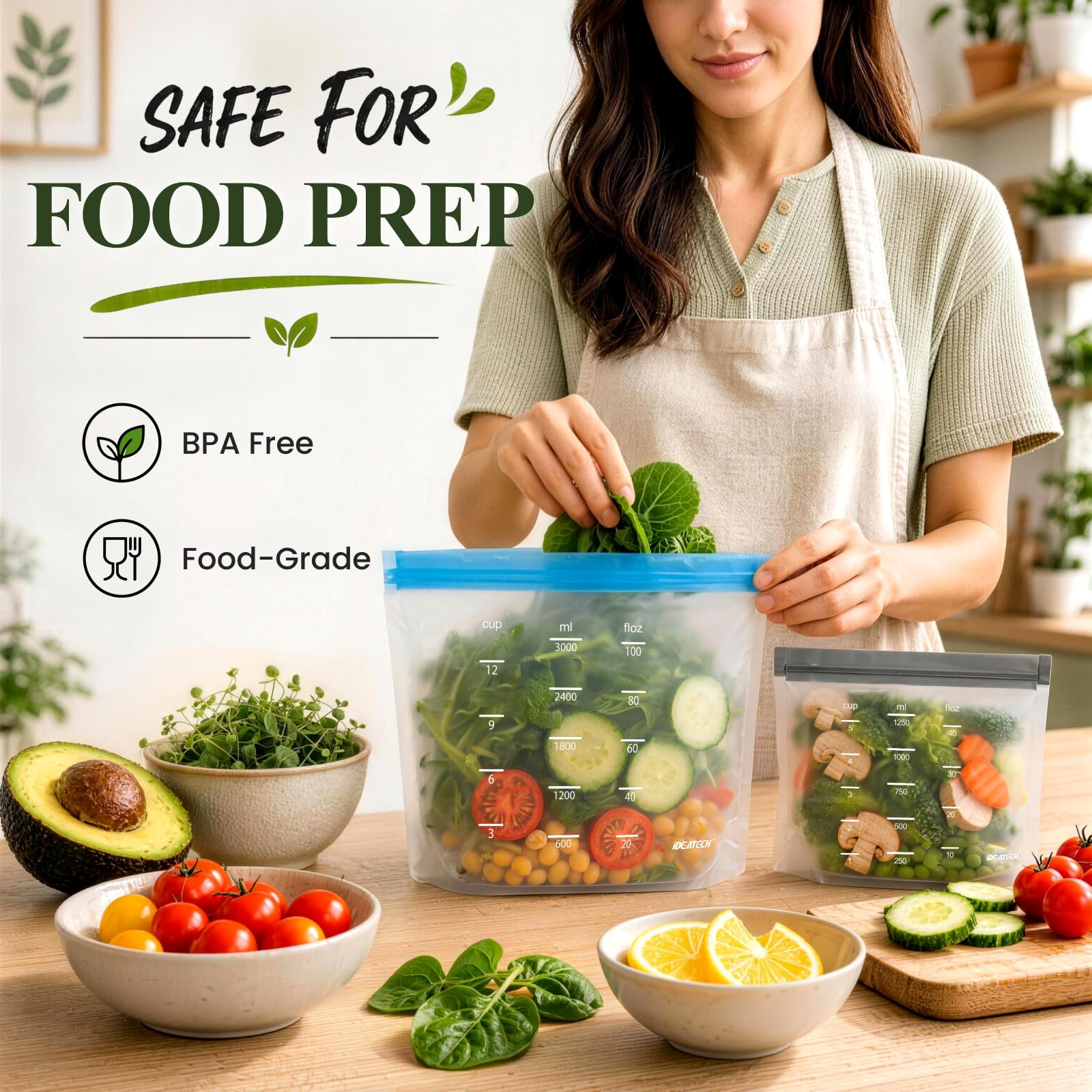 IDEATECH Reusable Bags Dishwasher Safe, BPA Free Reusable Gallon Freezer Bags, Stand Up Leakproof Food Storage Bags for Marinate Meats, Salad Fruit, Home Organization 6 Large+ 6 Sandwich+ 8 Snack Bags