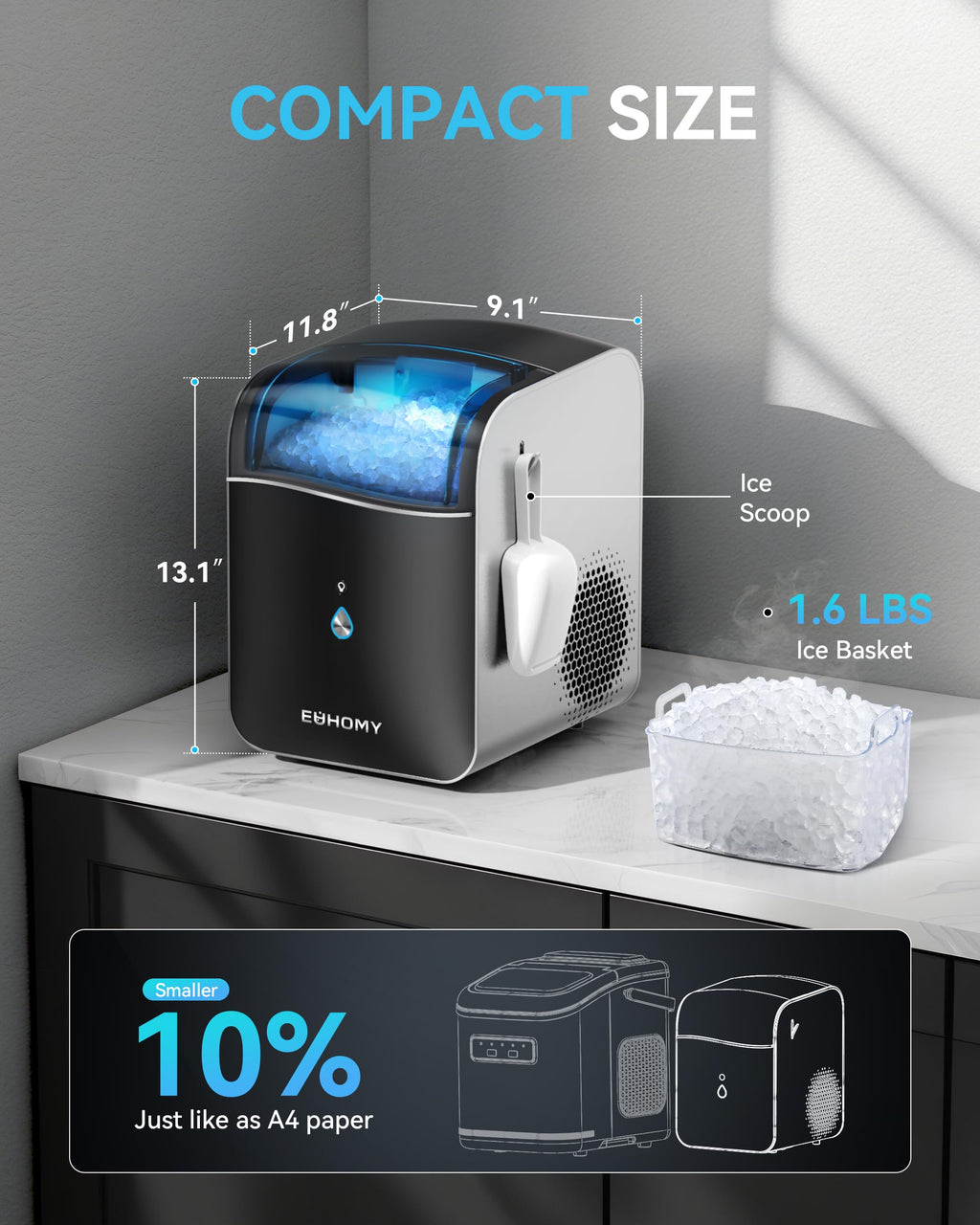 EUHOMY Smart Nugget Ice Maker Countertop, Pebble Ice Maker Machine with APP/Alexa Control, 40lbs/24H, Ready in 7 Mins, Self-Cleaning, Portable Sonic Ice Makers with Hanging Ice Scoop for Home/Office