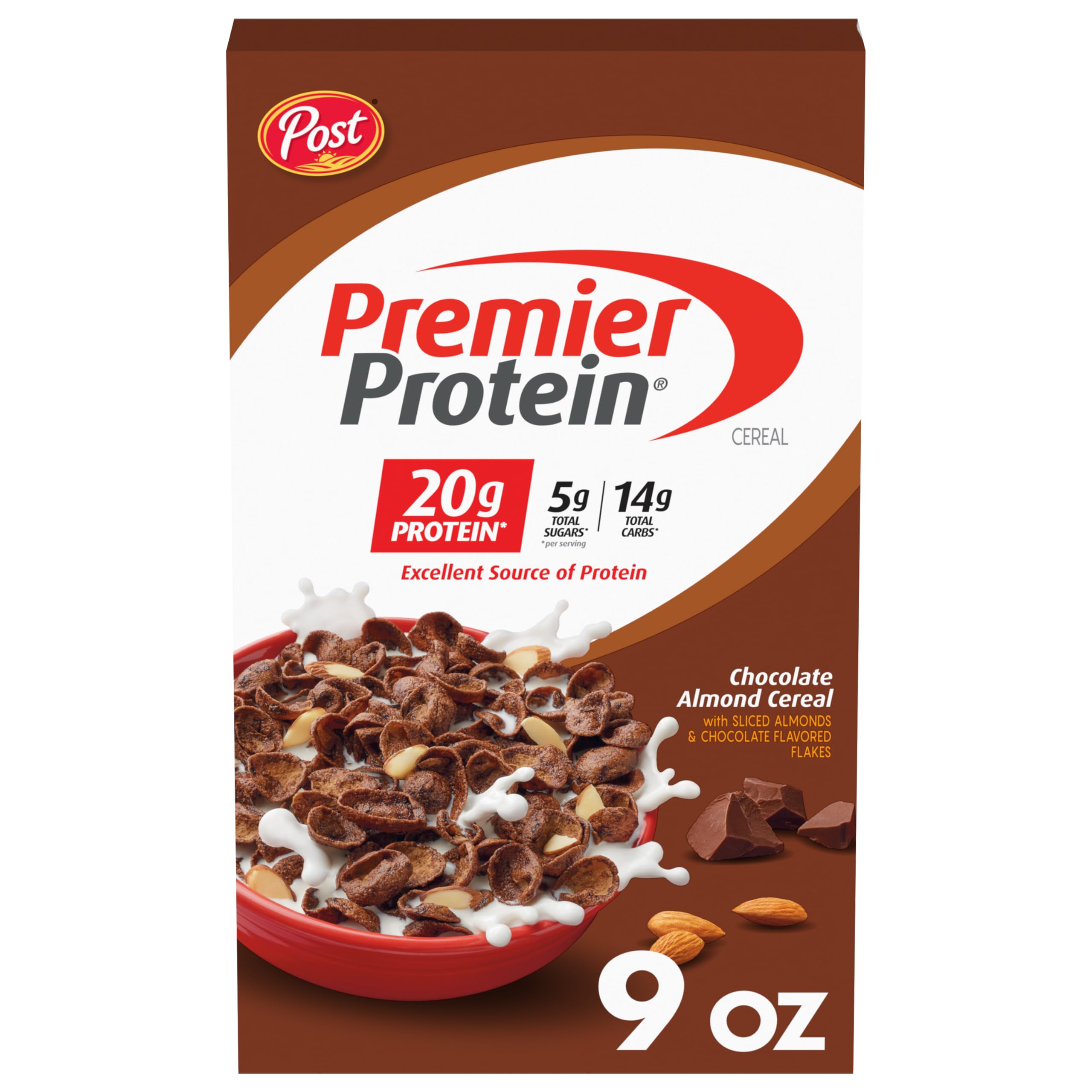Premier Protein Chocolate Almond Cereal, Chocolatey Protein Cereal Flakes with Sliced Almonds, Contains 20g of Protein Per Serving, 9 OZ Box (Pack of 2)