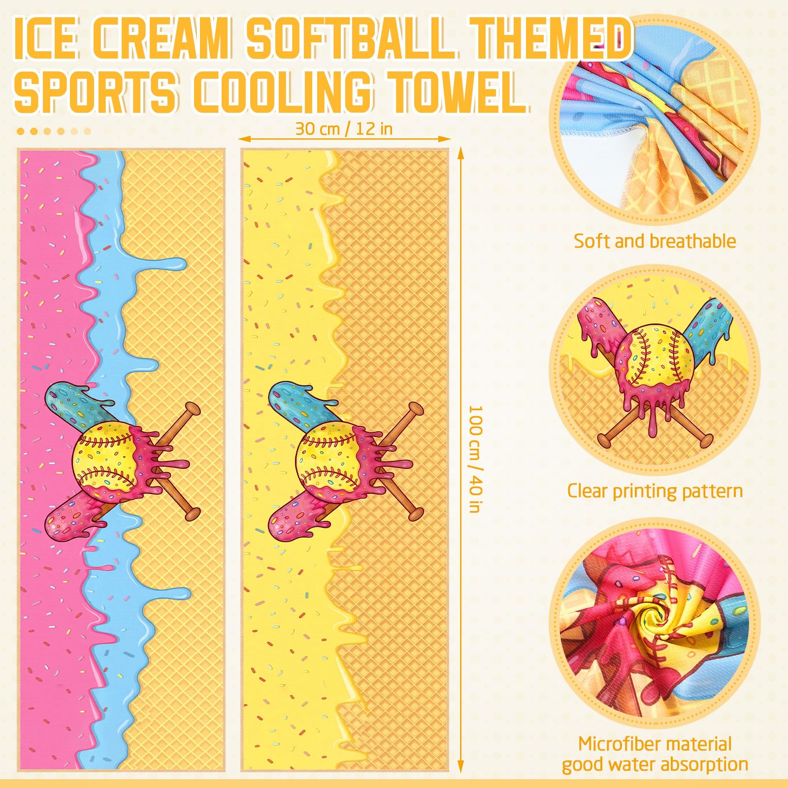 12 count Sports Cooling Towels Baseball Basketball Softball 40 x 12 Inch Breathable Soccer Football Volleyball Microfiber Ice Towel Fast Drying for Sport Party Favors Team Gift(Yellow,Softball)