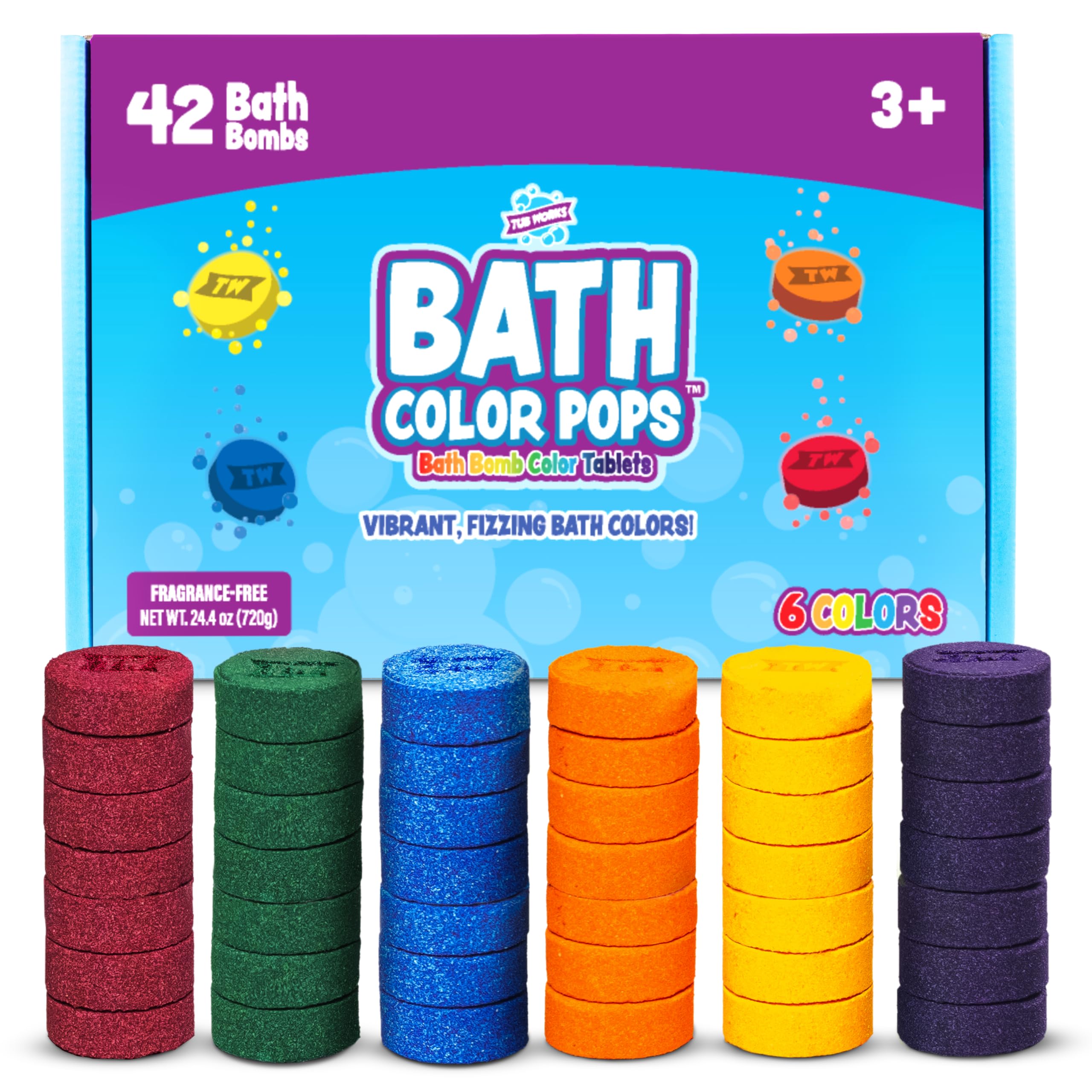 Tub Works® Bath Color Pops™ Moisturizing Kids Bath Bombs, 120 Count | Bath Bomb Refills for Bath Color Brush | Nontoxic & Fragrance-Free | 12 Unique Colors | Fizzy, Vibrant Water Color Tablets
