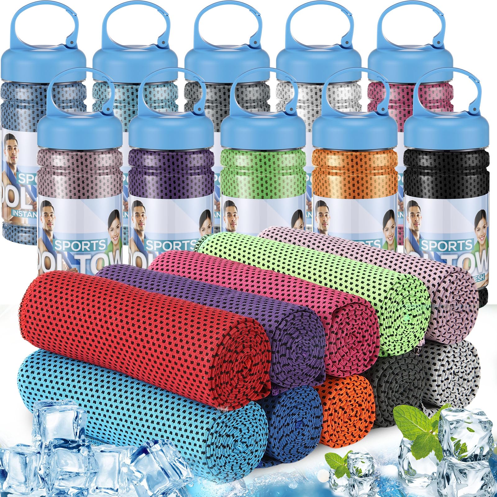 Honoson 10 Pcs Cooling Towels for Neck and Face, 47"x12" Sports Breathable Ice Towels Microfiber Chilly Sweat Rags with Portable Bottle for Gym Golf Athletes Yoga Workout Hot Weather (Mixed Colors)