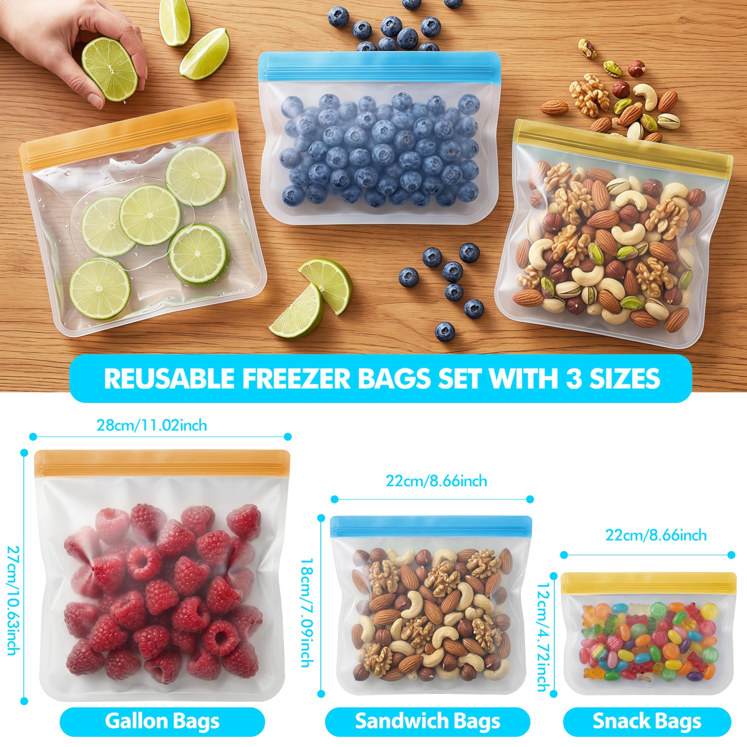 10 Pack Reusable Freezer Bags, Leakproof Reusable Silicone Food Storage Bags BPA Free Contaizers, Snack Sandwich Gallon Bags for Meal Prep, Marinate Meat, Salad Fruit, Veggies, Lunch, Travel, Kitchen