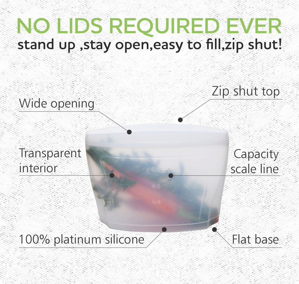Zip Standing Reusable Silicone Food Storage Bag, Stand Up Food Storage Container, Reusable Zipper seal bag, no lid required, for Food Storage& Meal Prep, Freezer Oven Dishwasher - Safe, Set of 6 Bowls